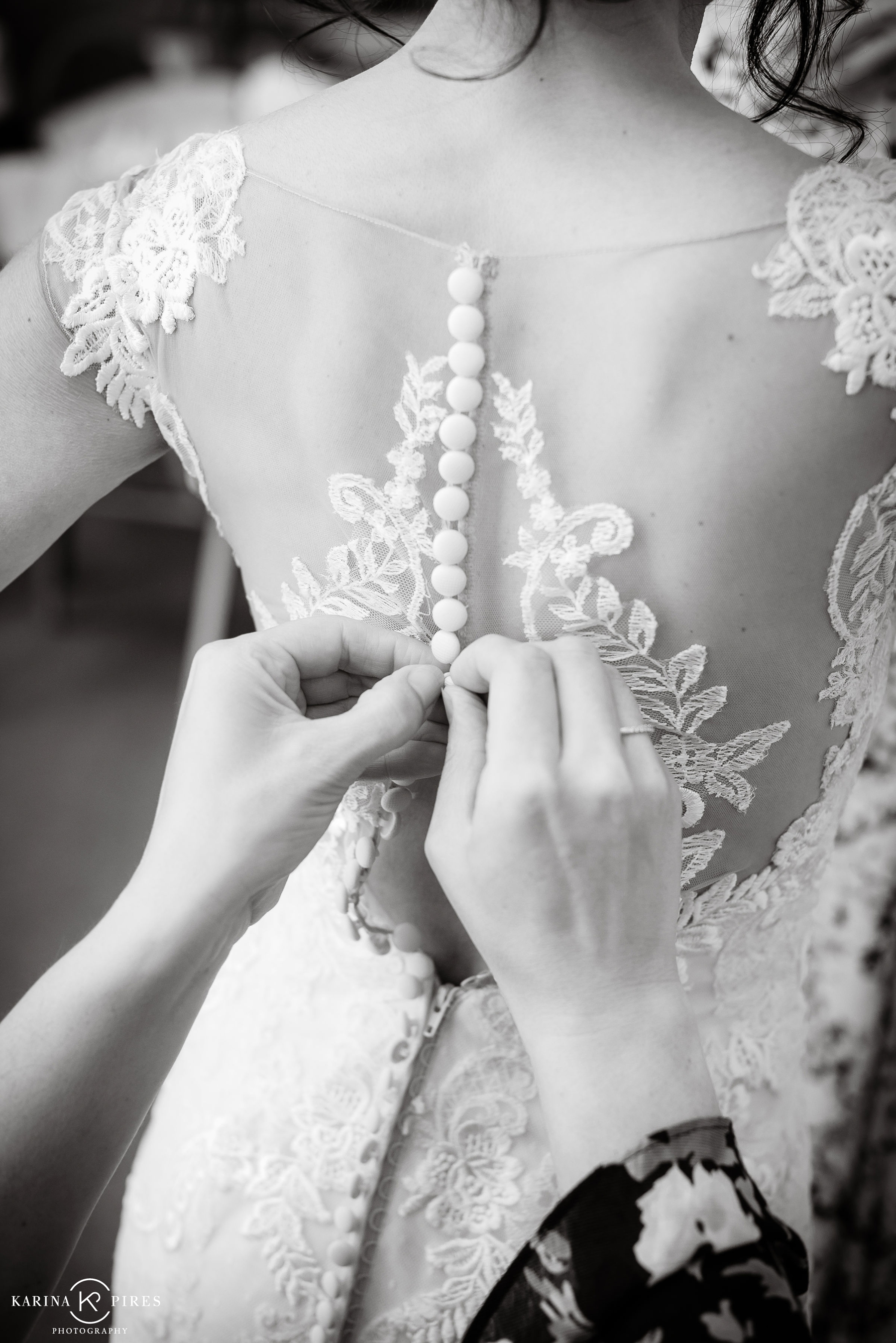  Annie in a lace wedding gown, with a sheer illusion back – Bride getting ready photos by Karina Pires Photography