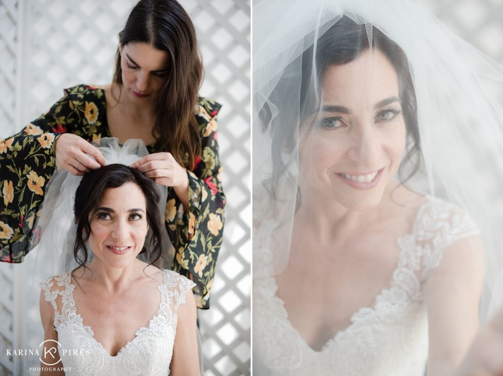  Annie in a lace wedding gown, with a sheer illusion back – Bride getting ready photos by Karina Pires Photography