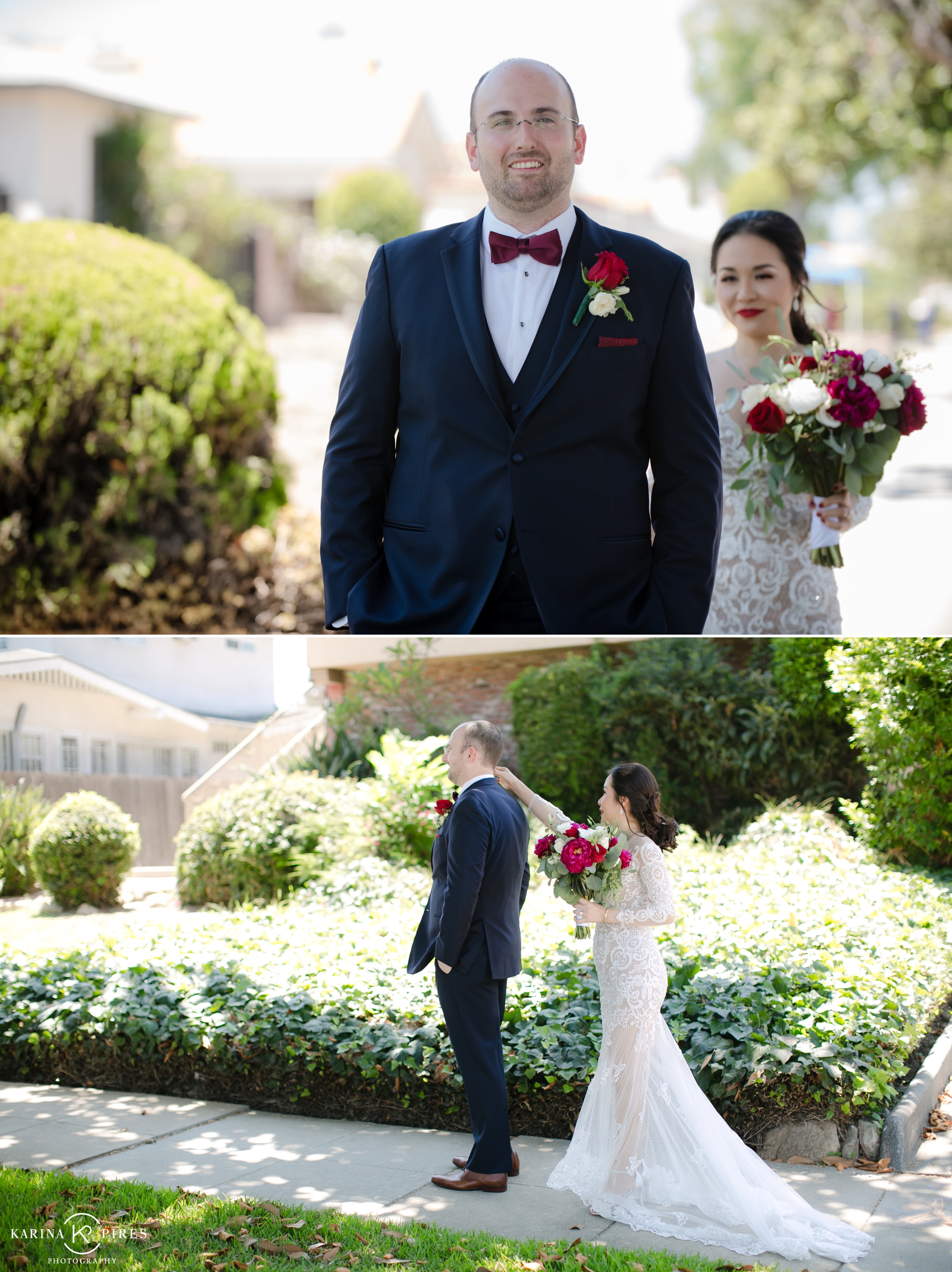 Nini and Jeffrey’s Summer Wedding in Los Angeles with burgundy bridal party and flowers