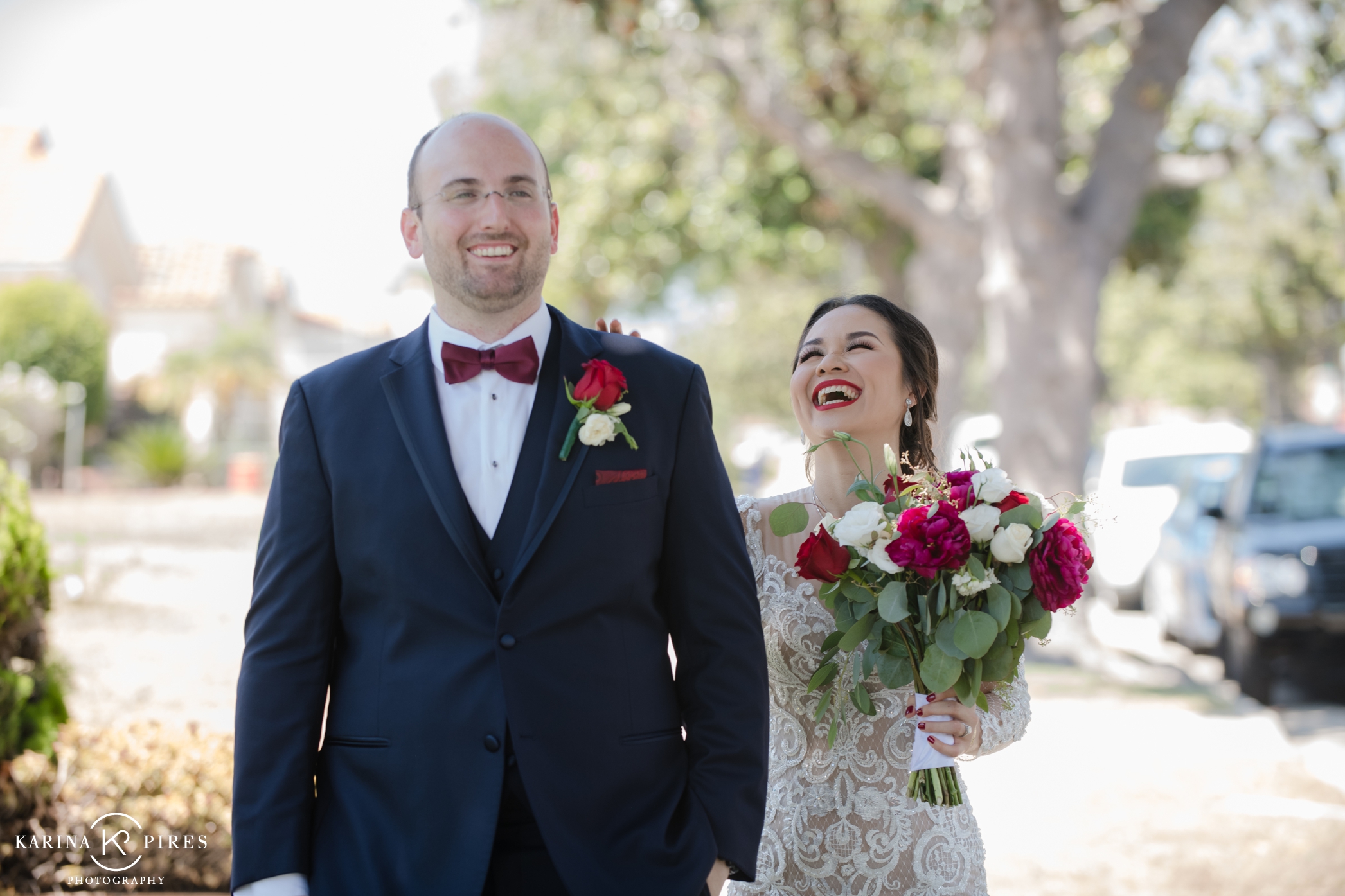 Nini and Jeffrey’s Summer Wedding in Los Angeles with burgundy bridal party and flowers