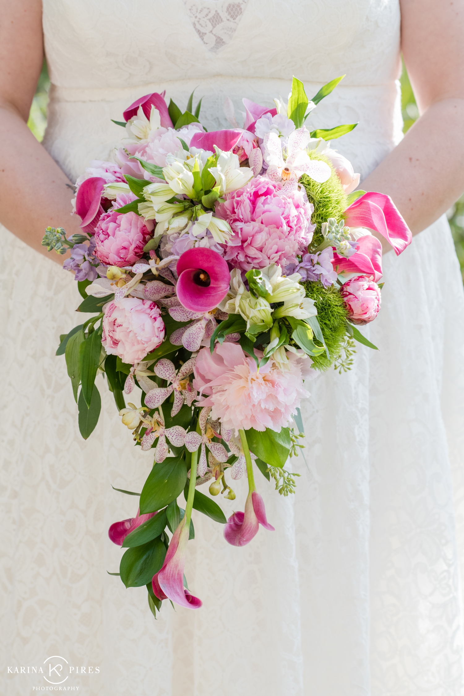 Bright pink bouquet with peonies and orchids