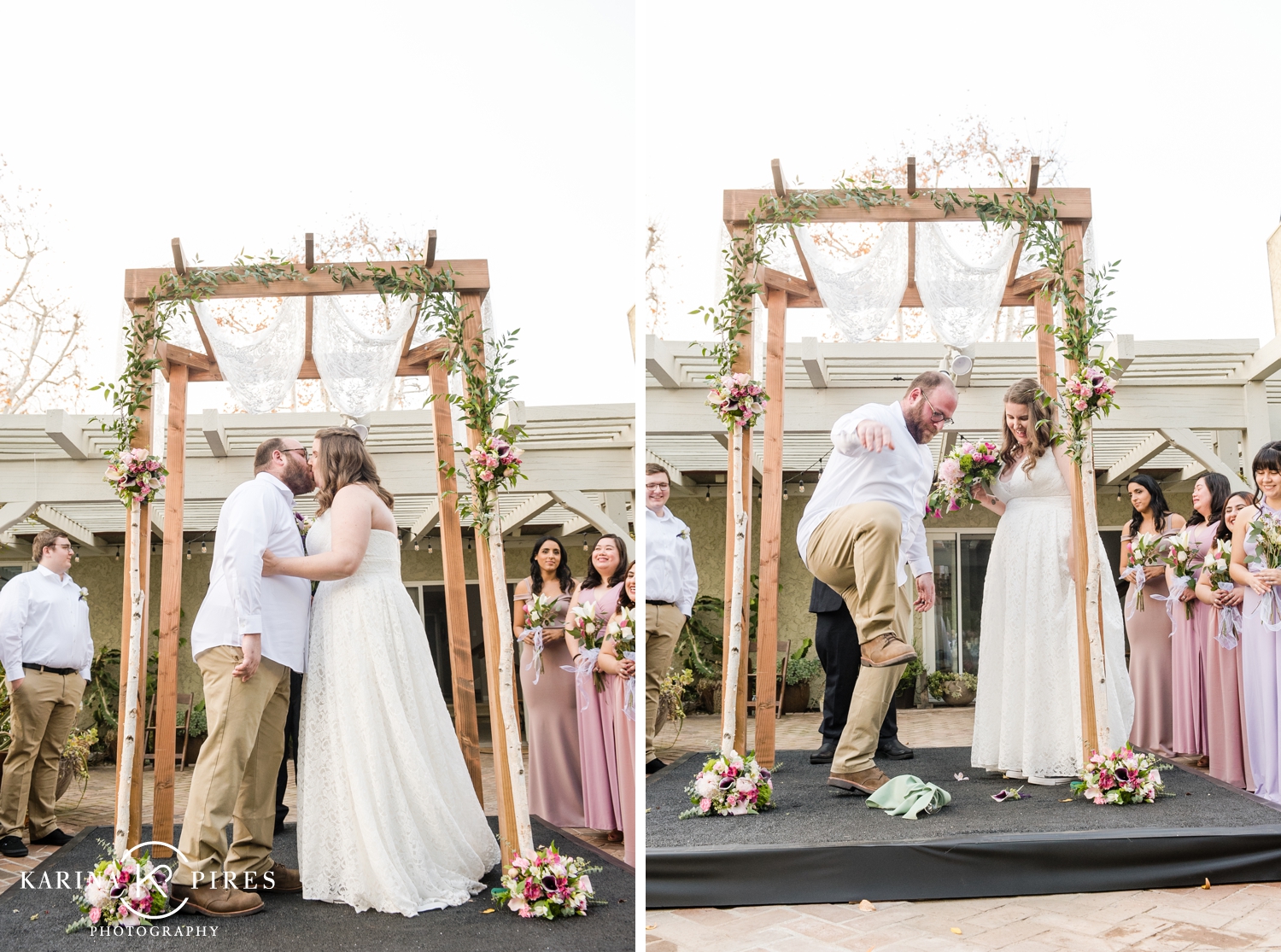 Bride and groom under a wooden Chuppah