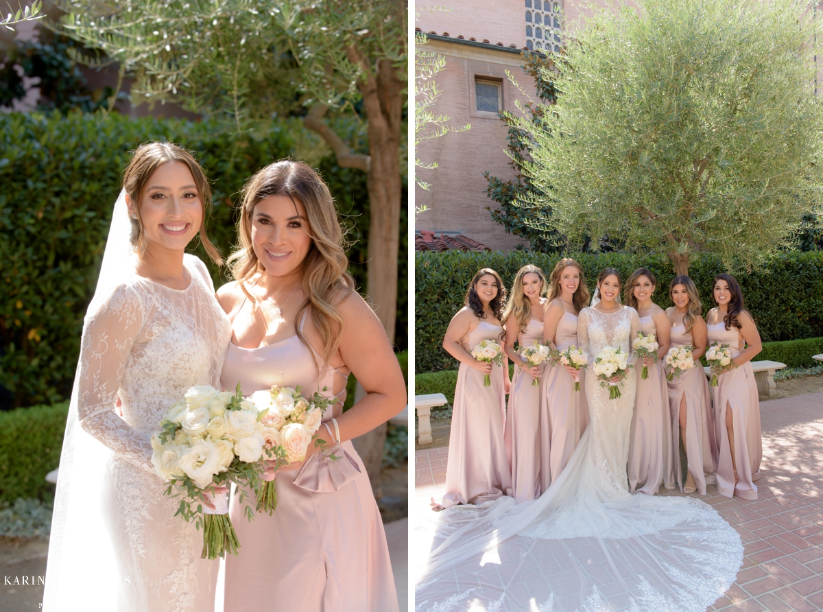 Bridal party in blush satin gowns for a Los Angeles Wedding
