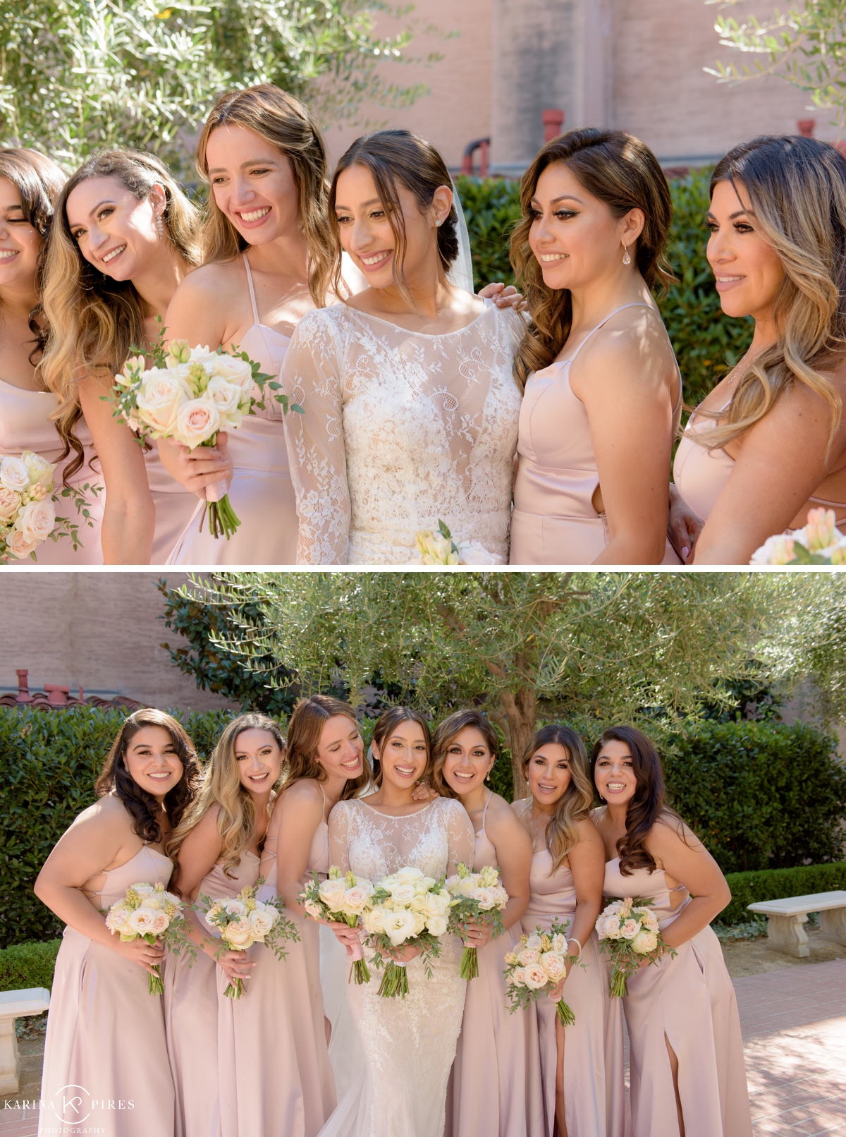 Bridal party in blush satin gowns for a Los Angeles Wedding