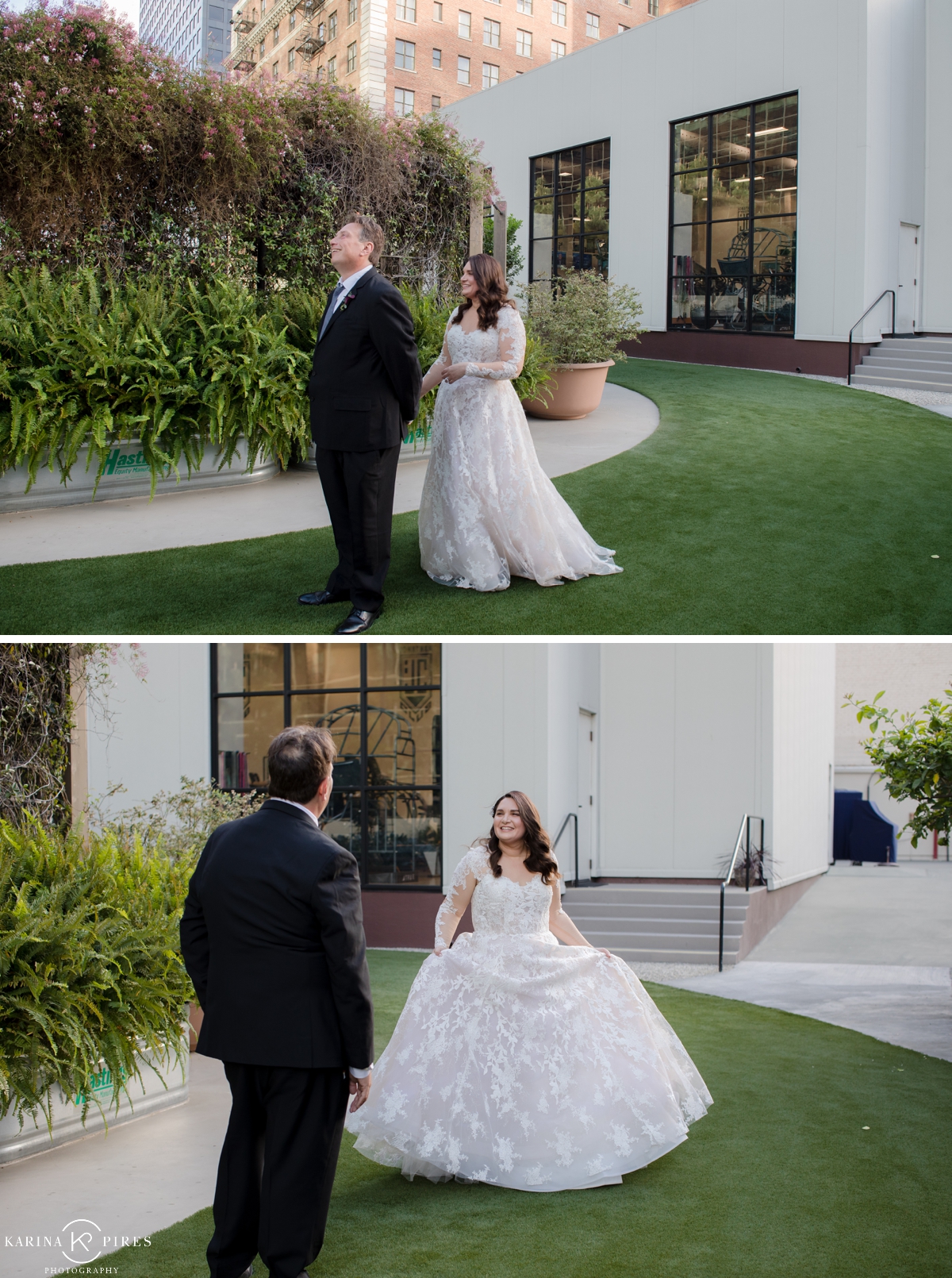 Bride and groom first look on a terrace in Downtown LA