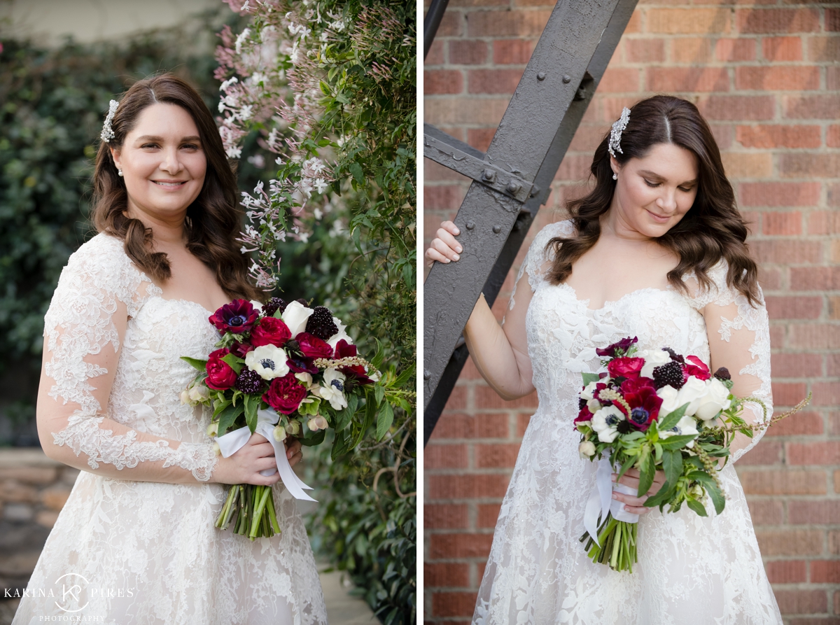 Bride holding a burgundy and white bouquet by Westwood Flower Garden