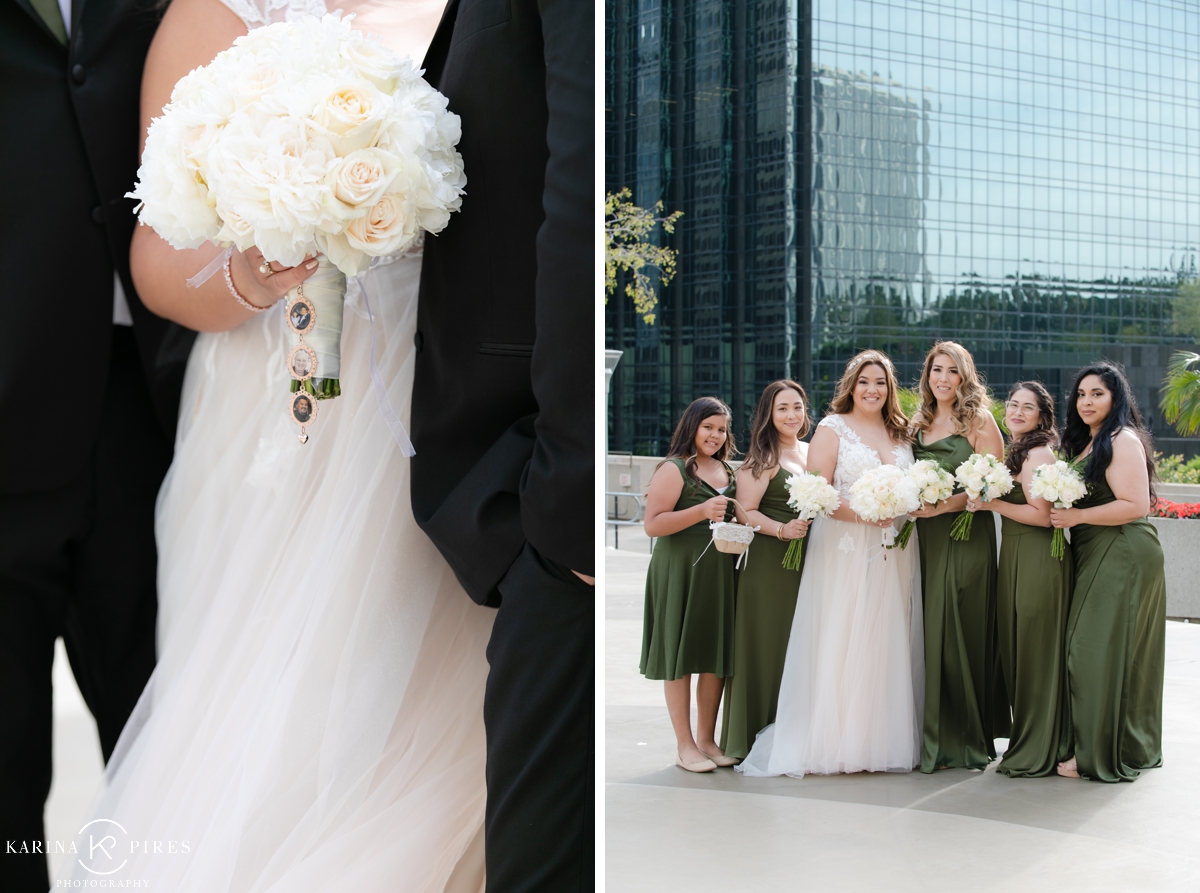Green satin bridesmaids dresses for a spring wedding in Downtown Los Angeles