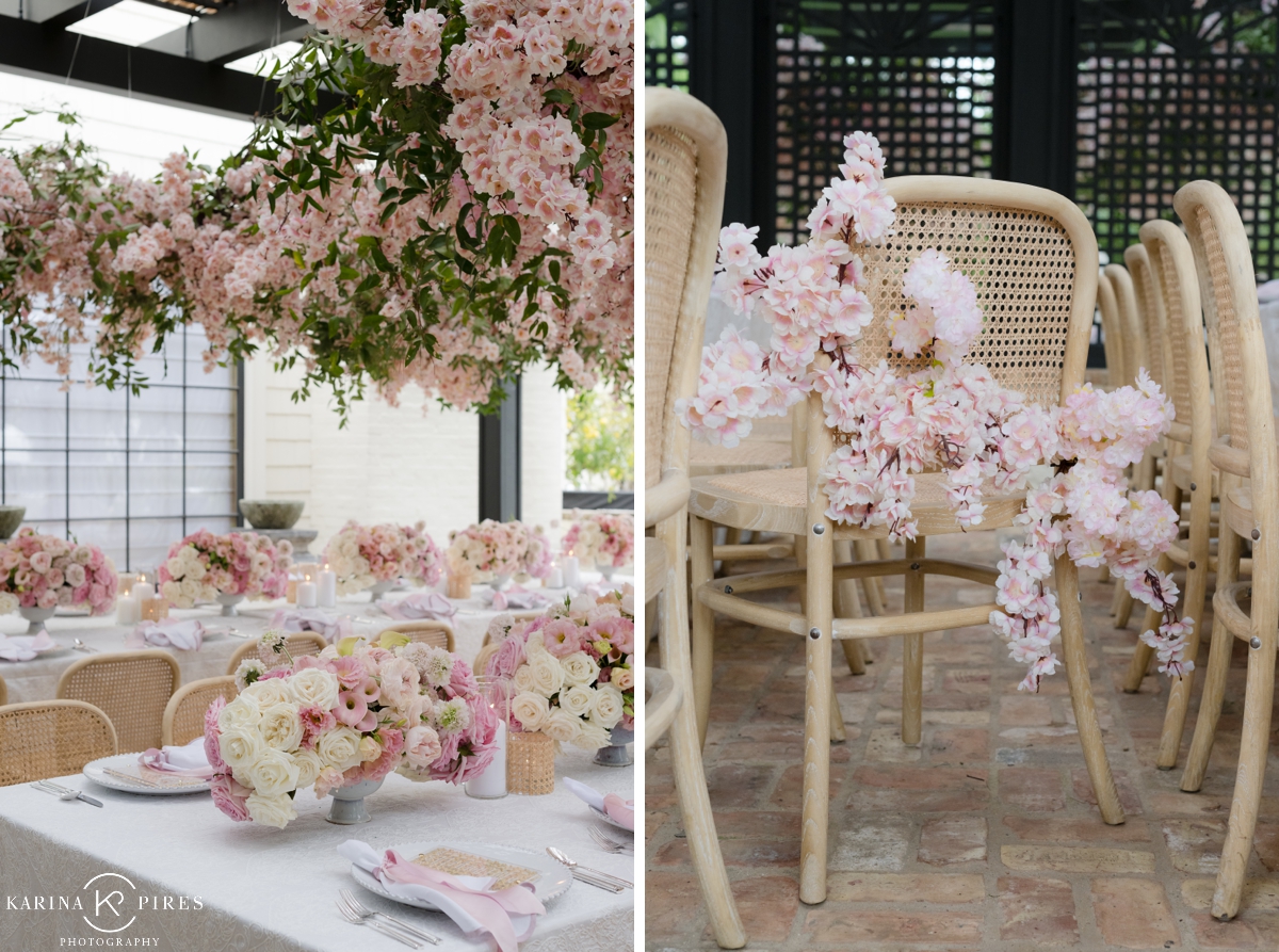 Rattan chairs covered in cherry blossoms