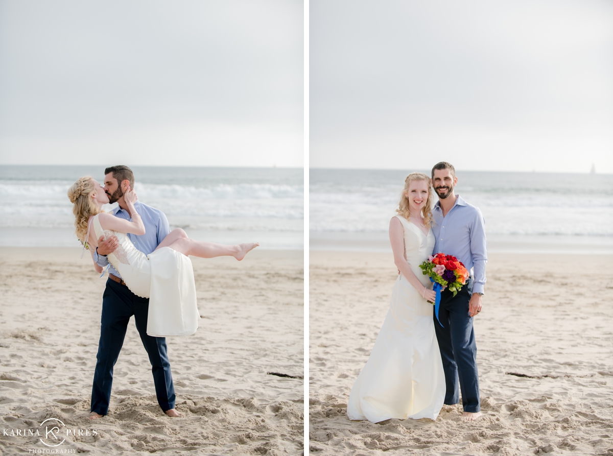 Sunset bride and groom portraits on the beach in Los Angeles