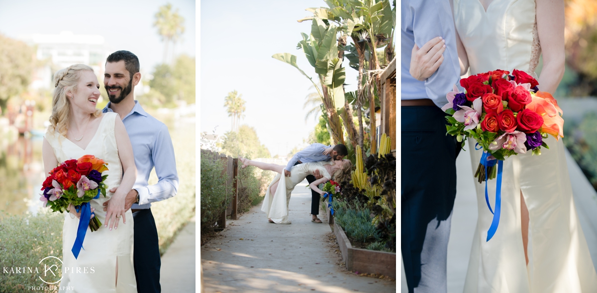 Bride and groom portraits at the canals in Venice, California