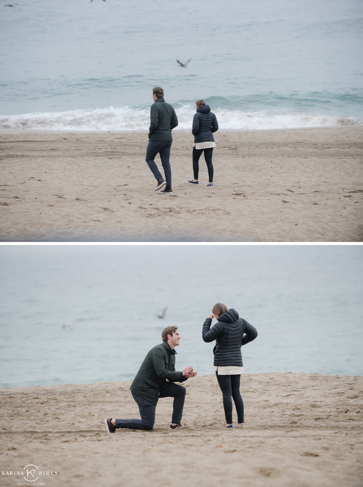 Man getting down on one knee to propose to his fiance, on Malibu beach