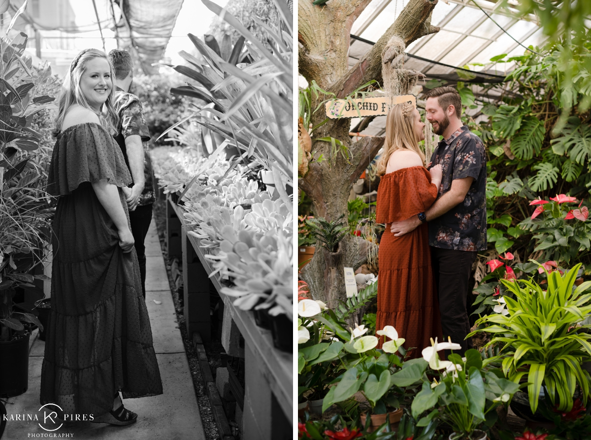 A couple at a greenhouse in Los Angeles for couples picture session