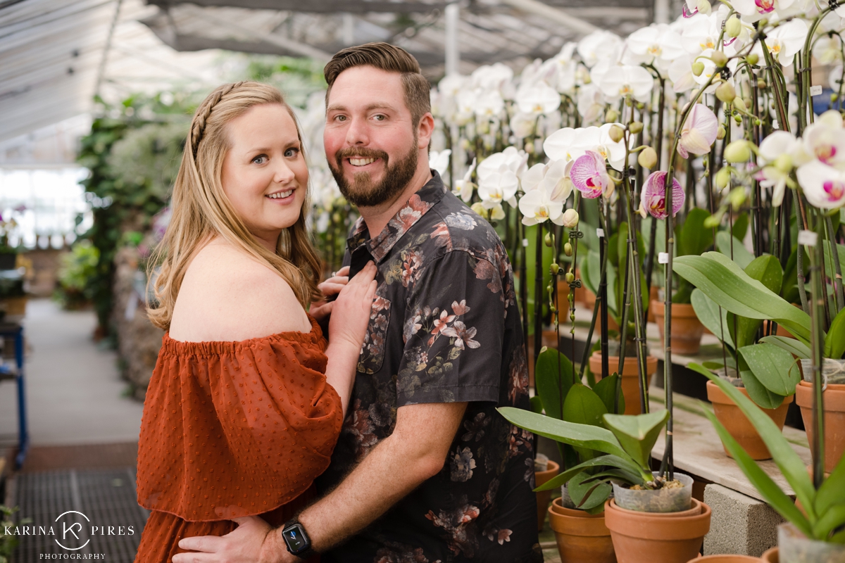A couple at a greenhouse in Los Angeles for couples picture session
