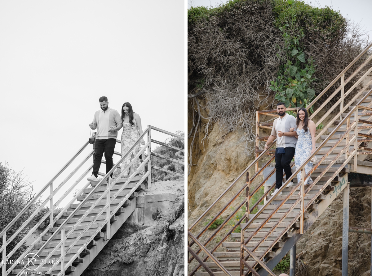 Couple walking down the stairs to El Matador Beach