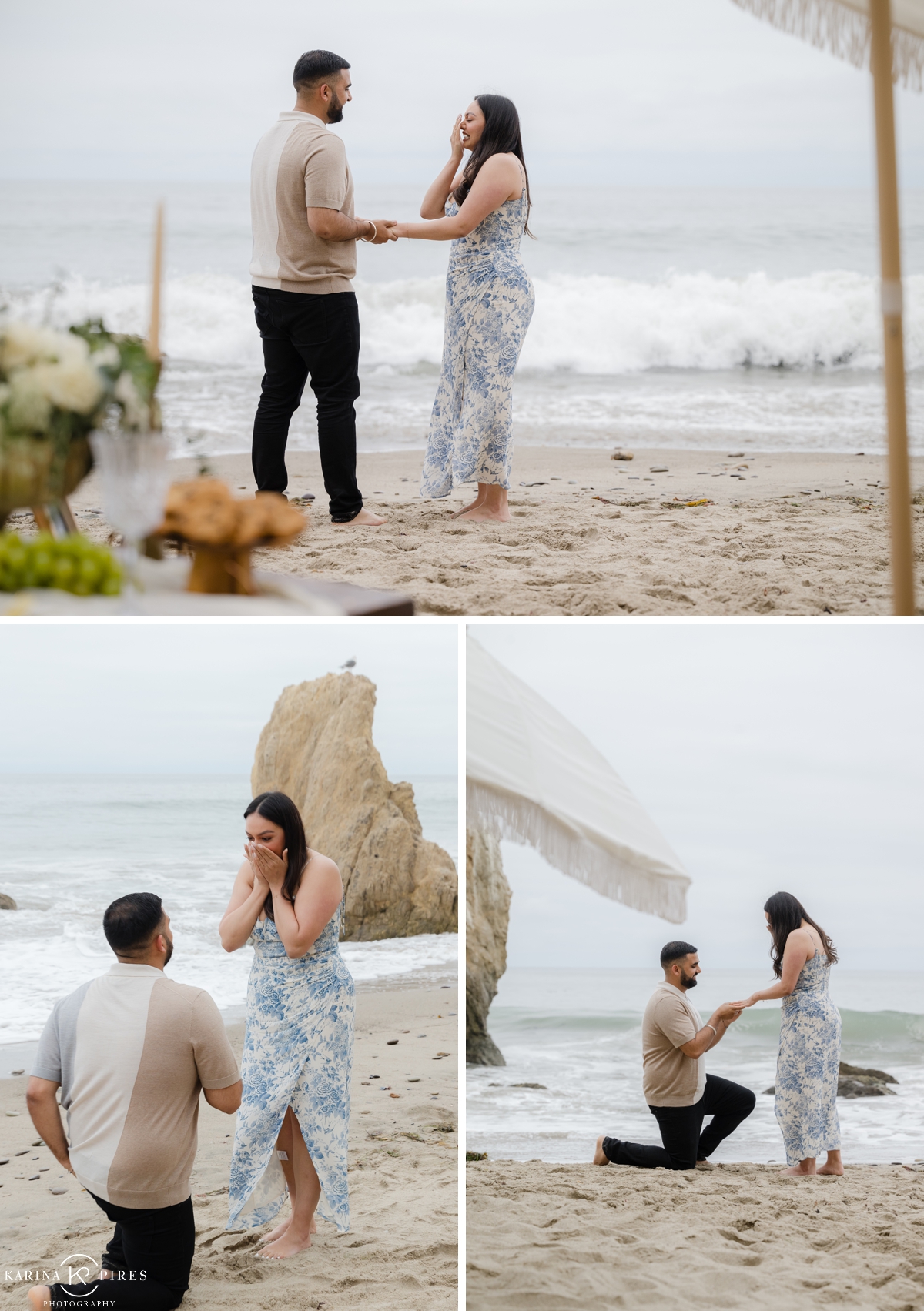 Man down on one-knee proposing on the beach in Malibu