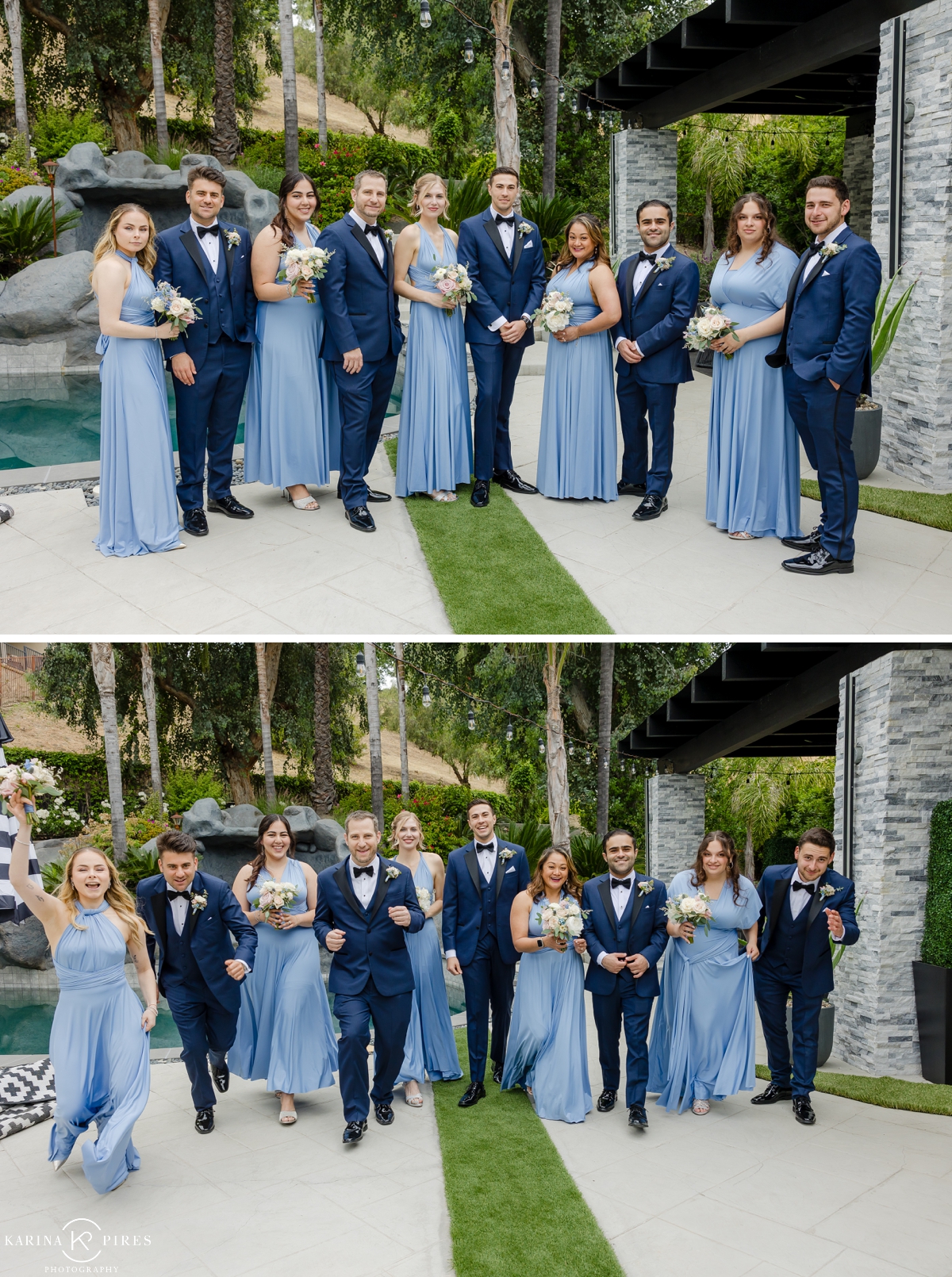 Dusty blue bridesmaids dresses, with groomsmen in navy suits