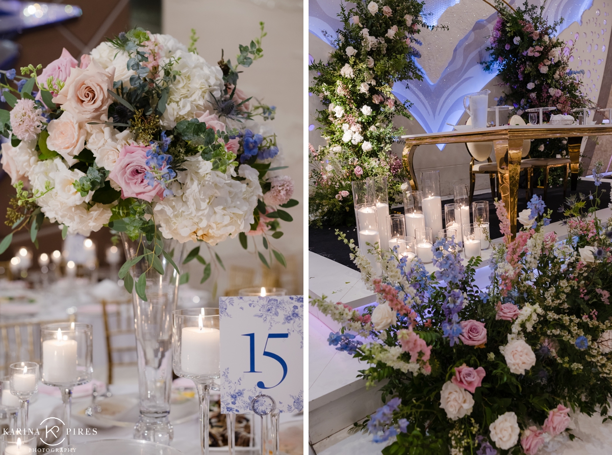 Pastel colored wedding flowers, with blue table numbers and gold accents