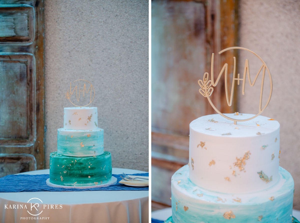 Turquoise ombré wedding cake with gold leaf for a coastal themed wedding
