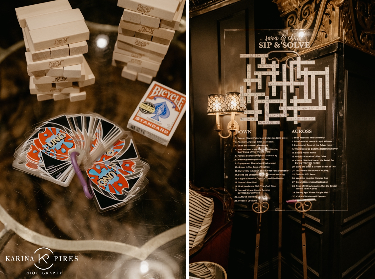 'Sip and solve' acrylic wedding crossword puzzle at a Culver City wedding