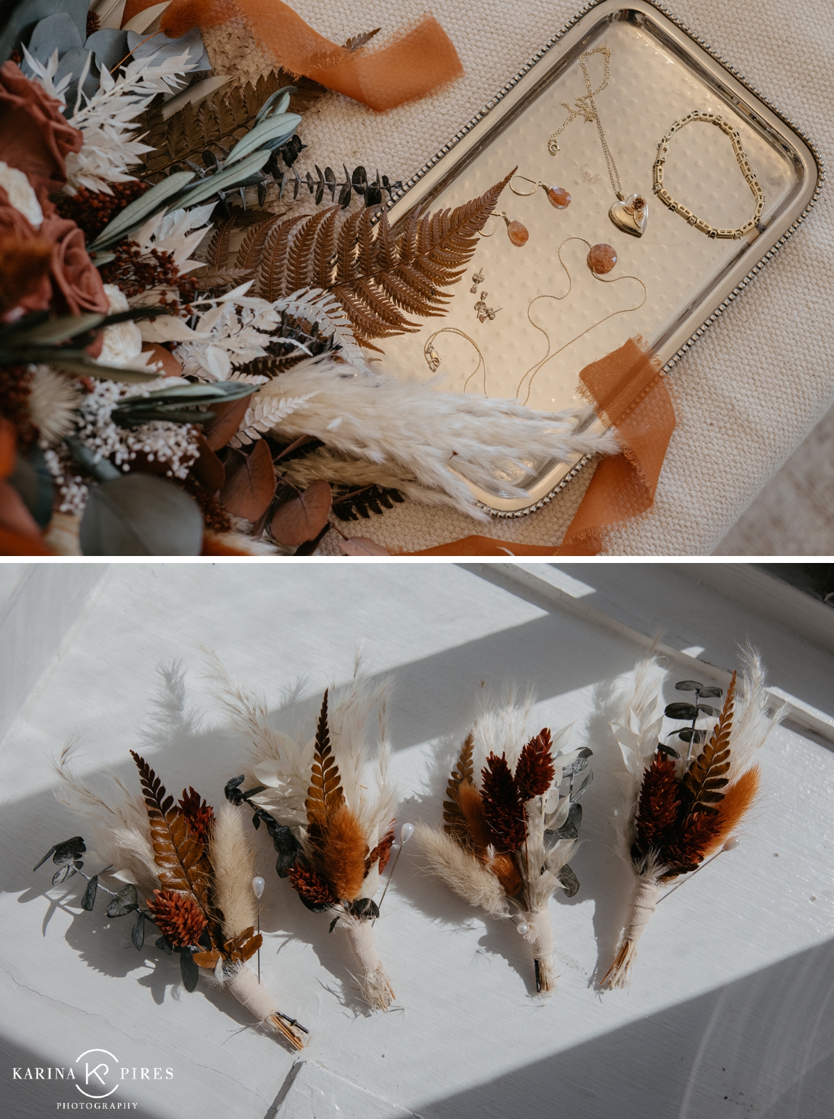 Boho fall wedding boutonnières with rust dried flowers and pampas grass
