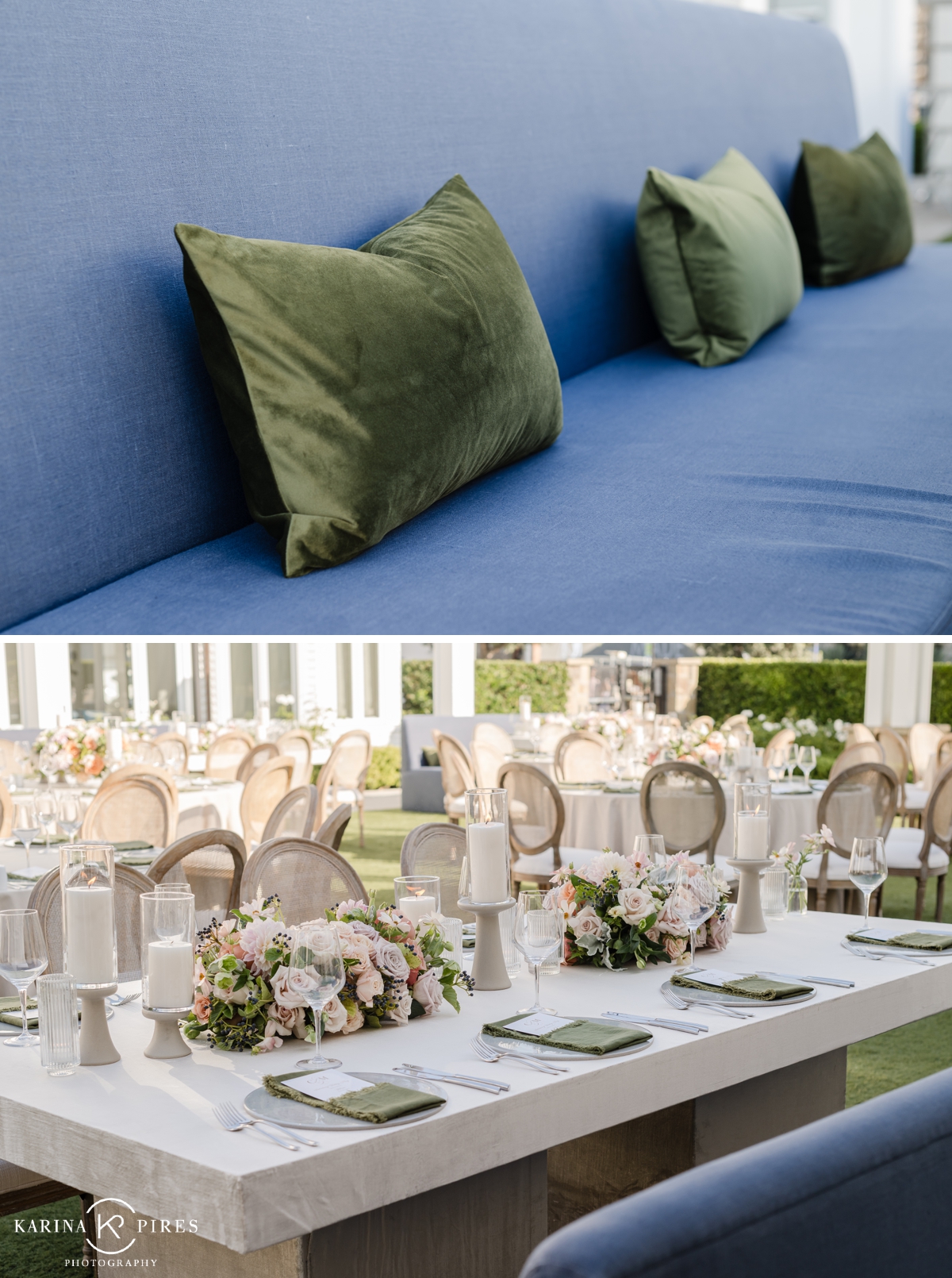 Blue lounge sofa with green velvet pillows at a Lido House Newport Beach wedding