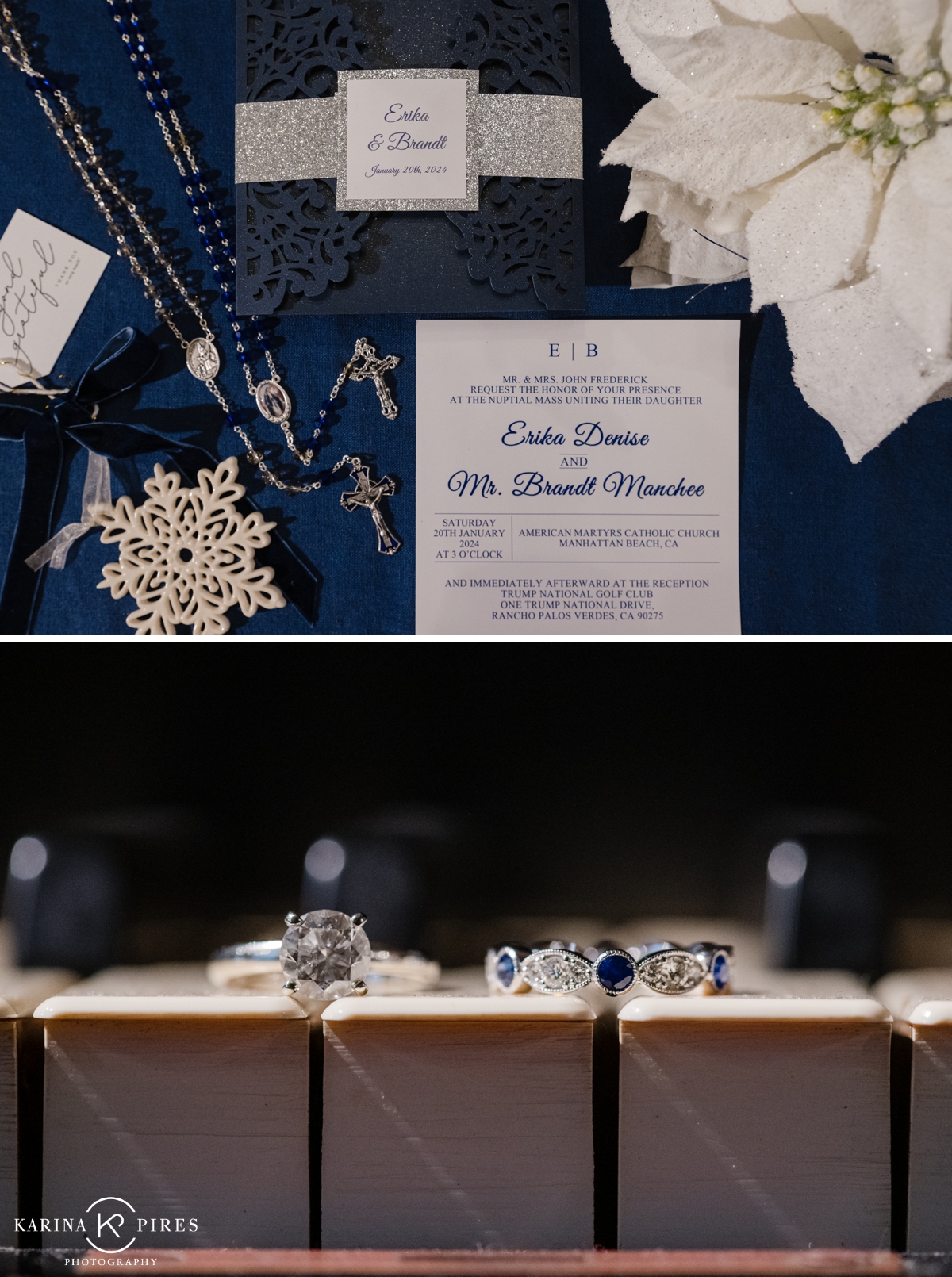 Navy blue and silver winter wedding invitation suite