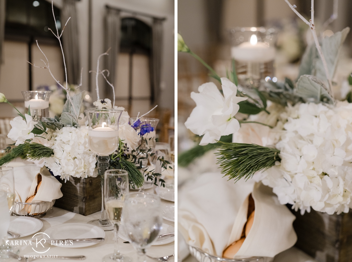 Winter wedding centerpiece with floating candles and white flowers