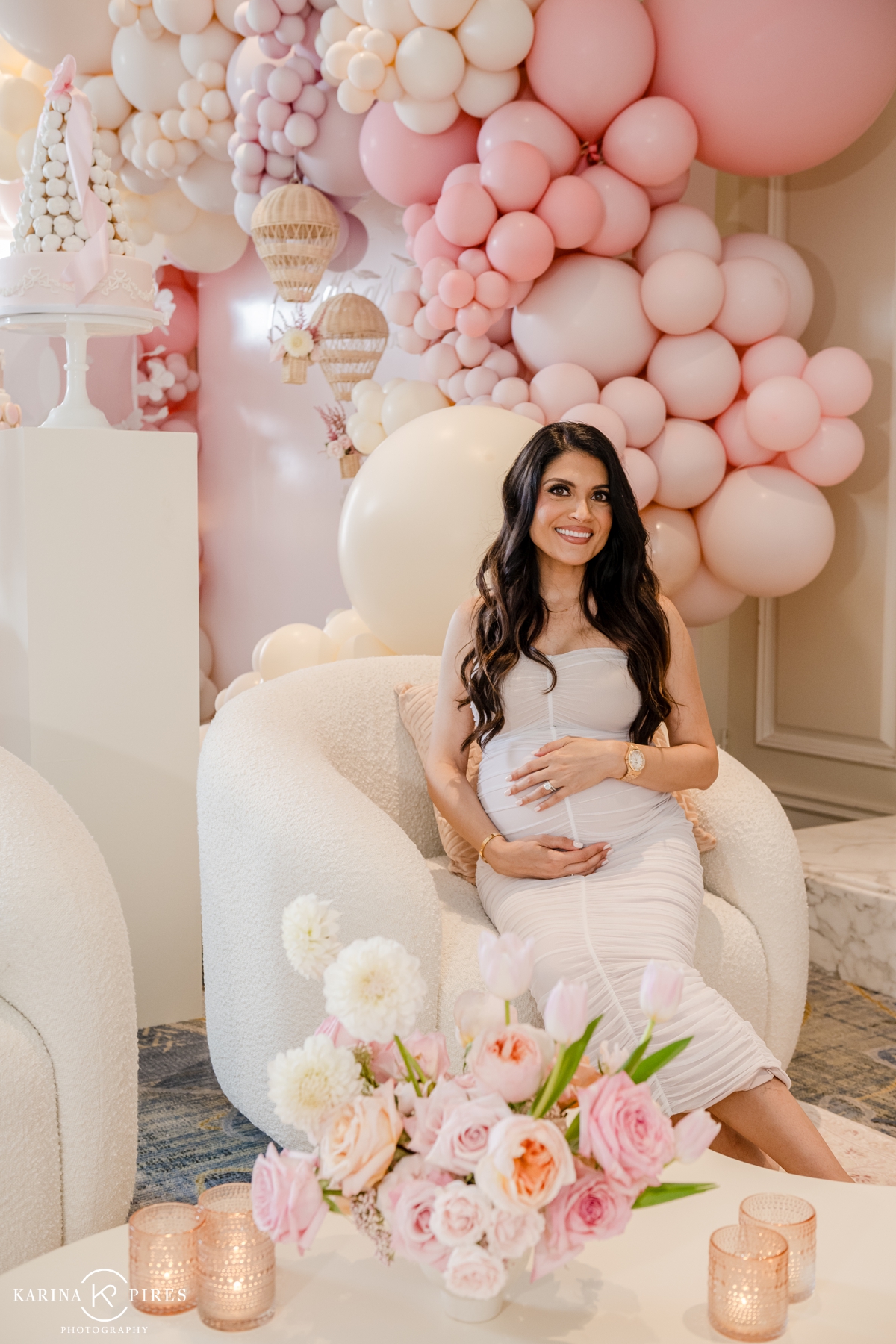 Pink and white baby shower decorations