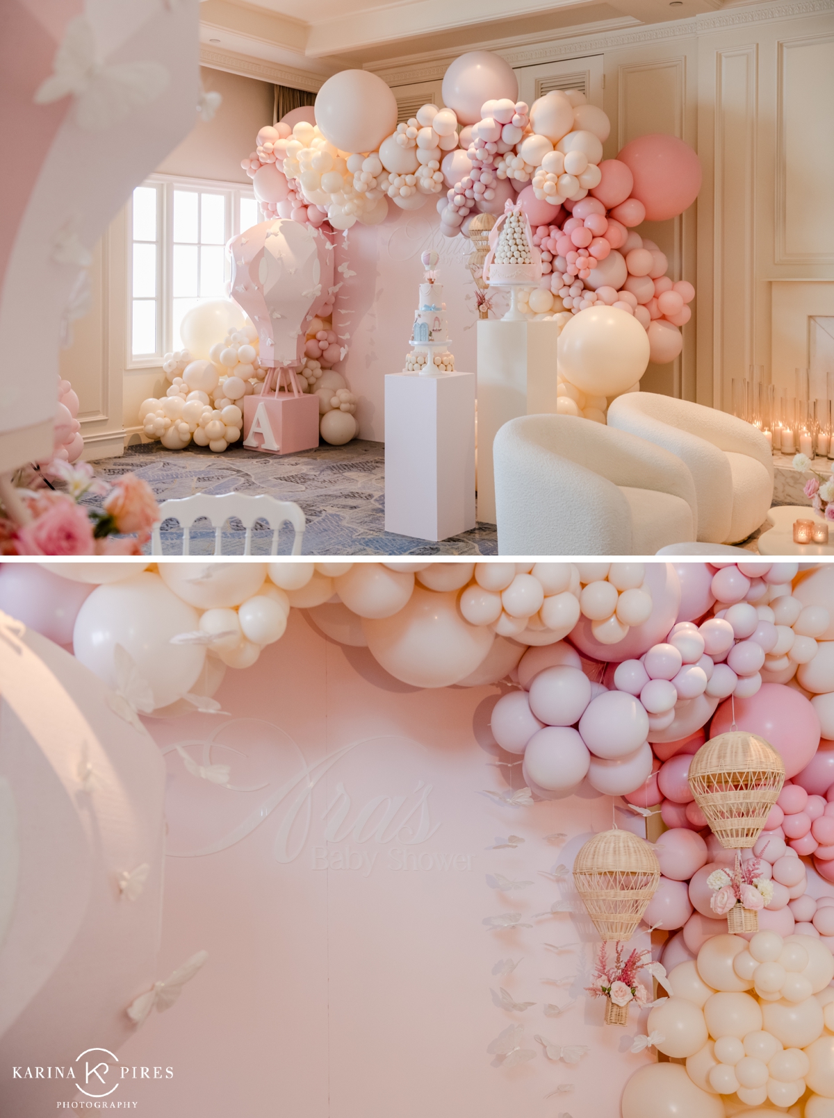 Blush and cream balloon arch for a baby shower