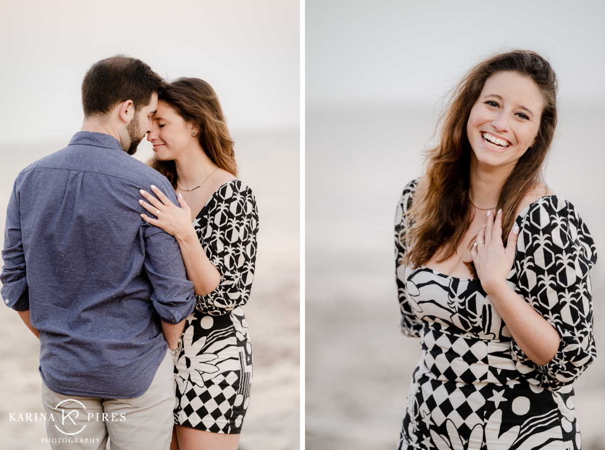 Woman wearing a black and white patterned mini dress for her engagement session