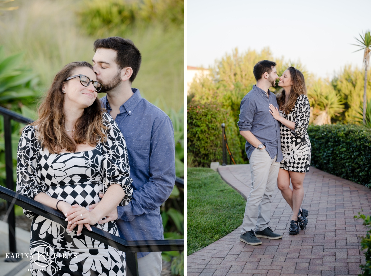 Woman wearing a black and white patterned mini dress for her engagement session