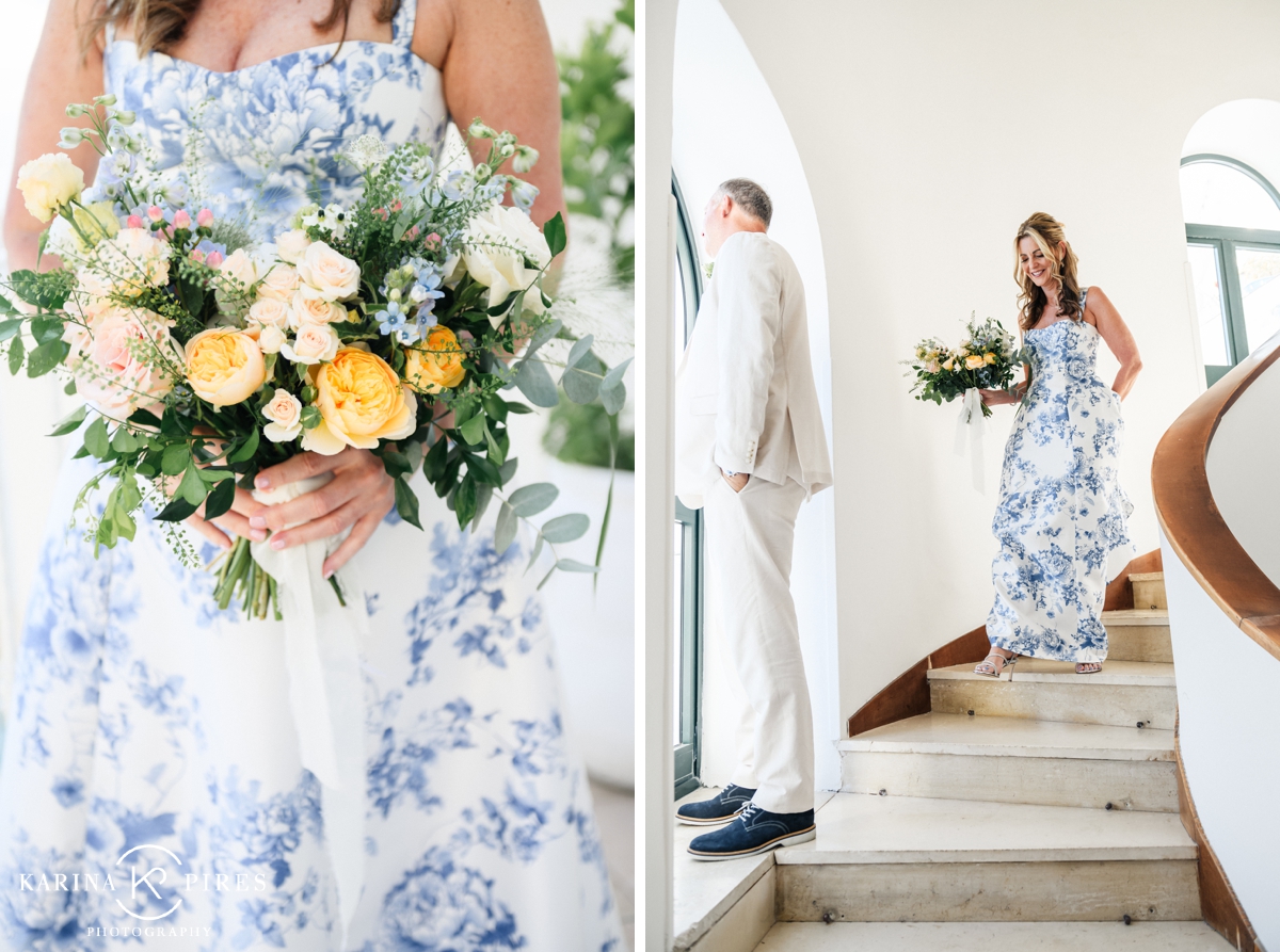 Bride holding a wedding bouquet filled with blush roses and peach peonies