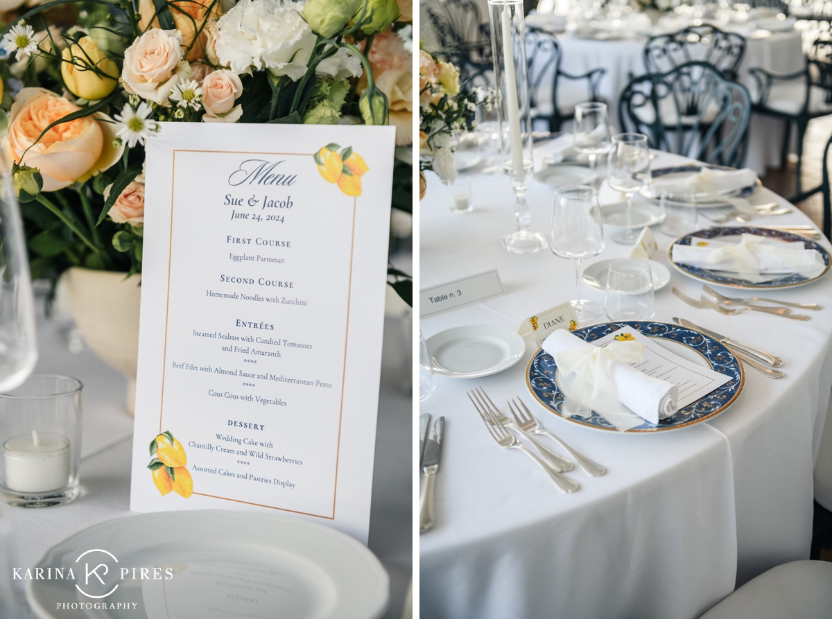 Wedding menu card with blue typography and lemons