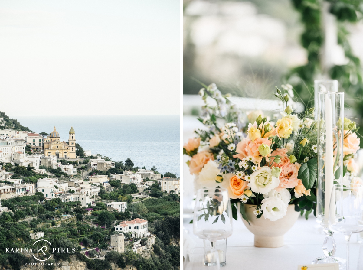 Floral centerpiece filled with delphinium, lisianthus, and roses at an outdoor wedding reception