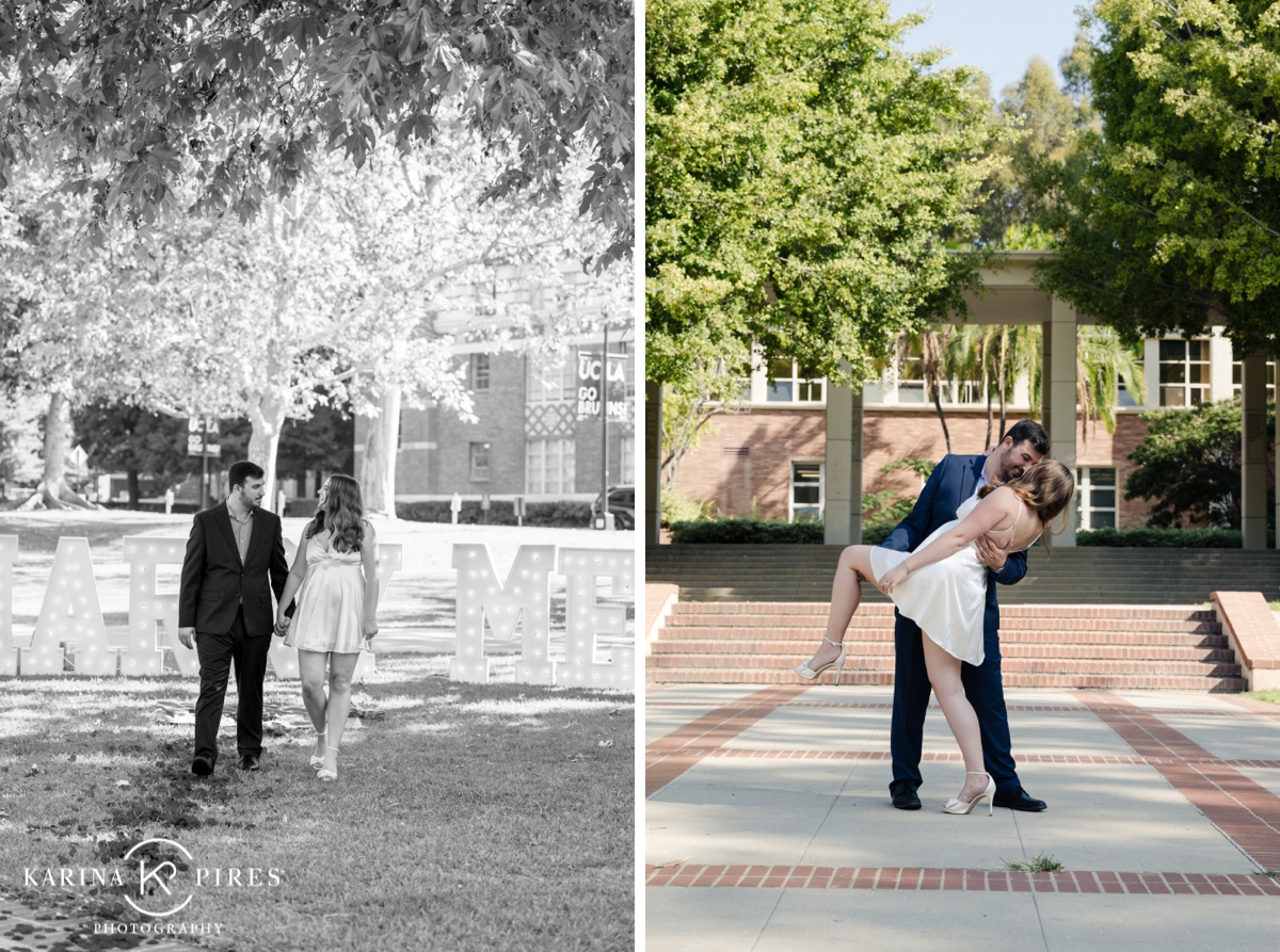 Surprise proposal at UCLA, featuring a glowing ‘Marry Me’ sign surrounded by rose petals and candles.