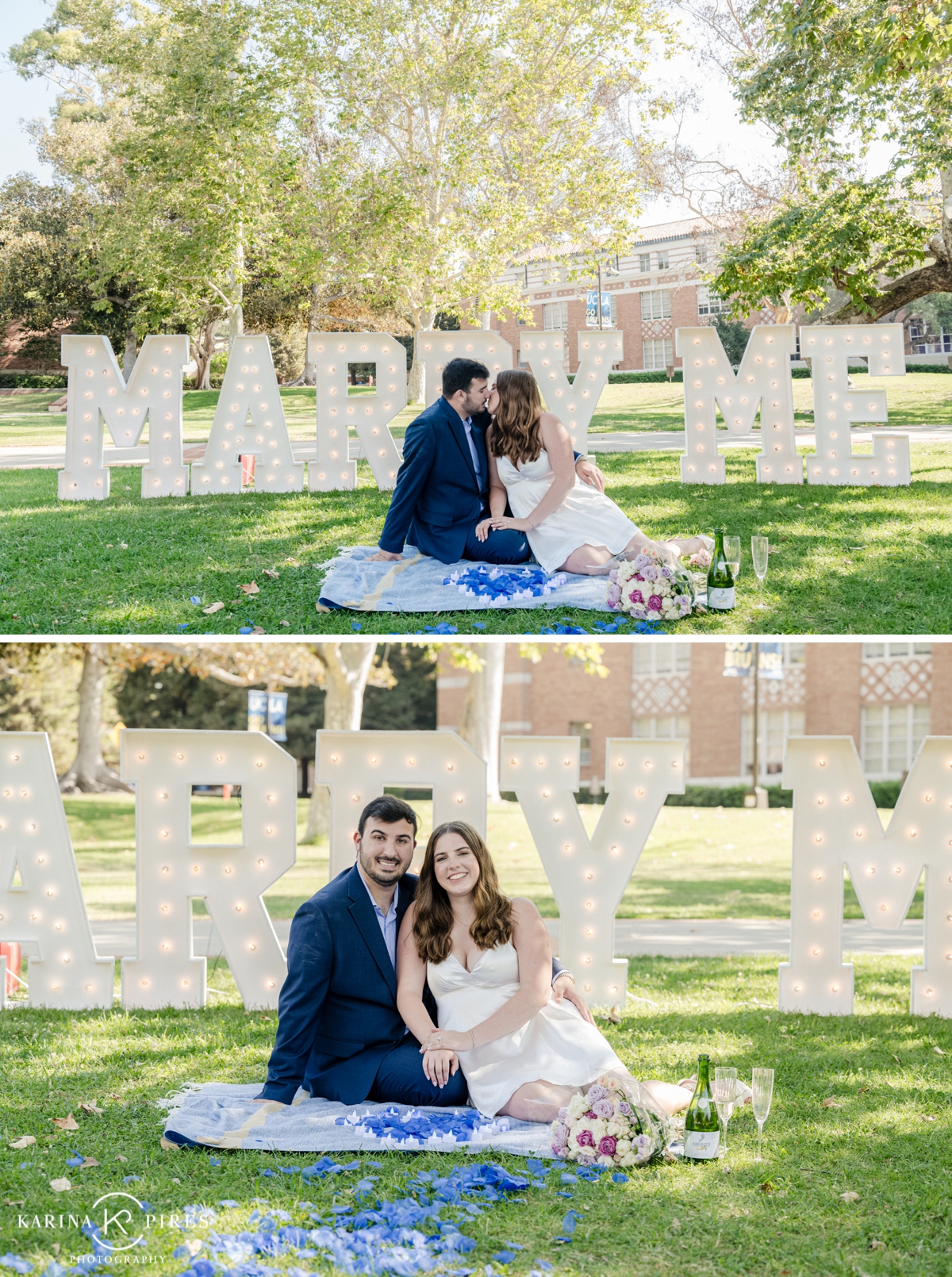 Surprise proposal at UCLA, featuring a glowing ‘Marry Me’ sign surrounded by rose petals and candles.