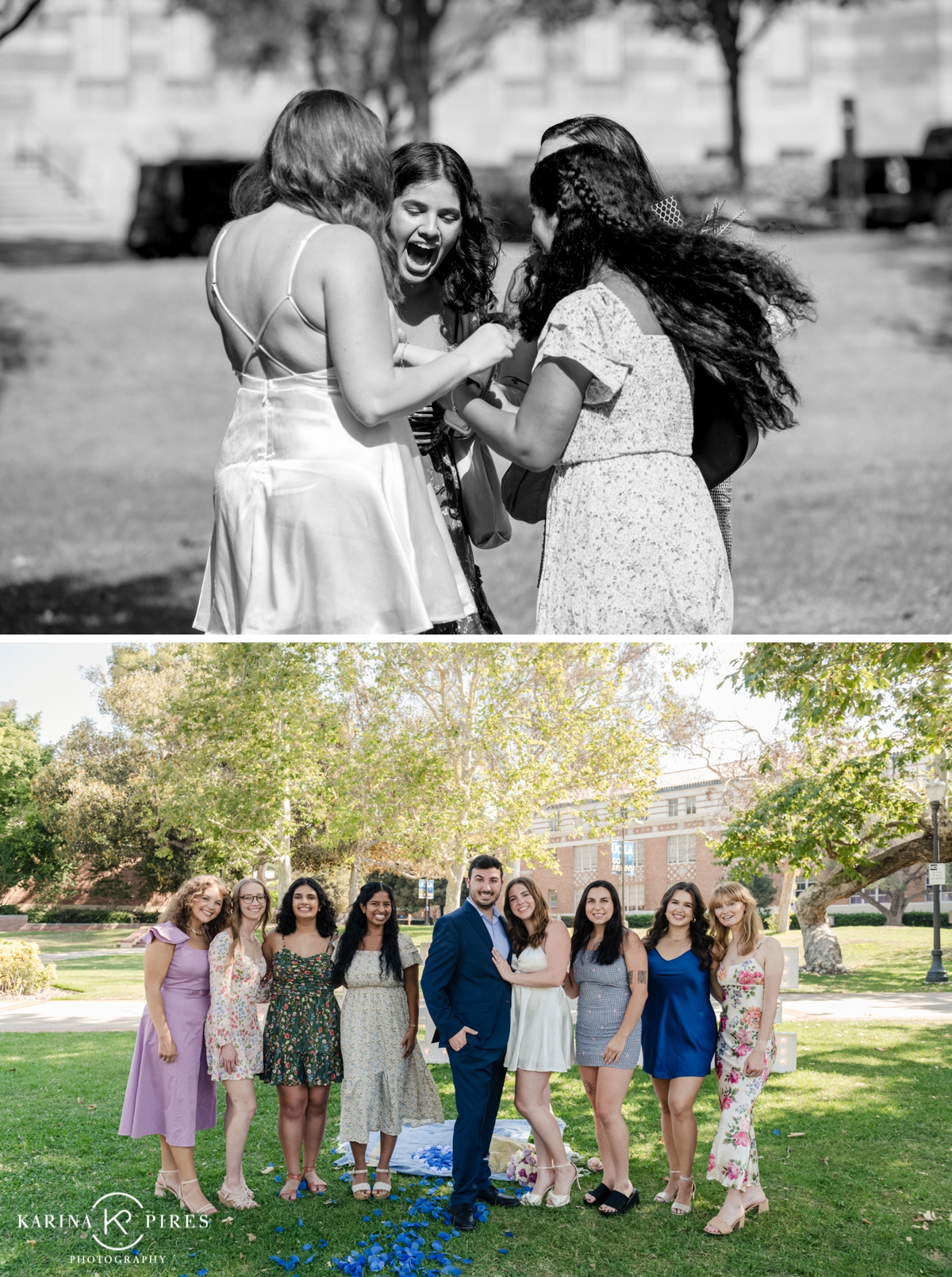 Friends celebrating with Grace and Nick after their surprise proposal at UCLA’s picturesque campus