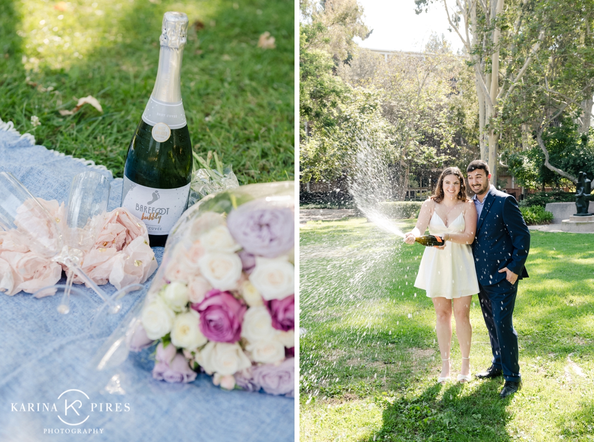 A bouquet of flowers and champagne at Grace and Nick’s UCLA proposal near Perloff Hall.