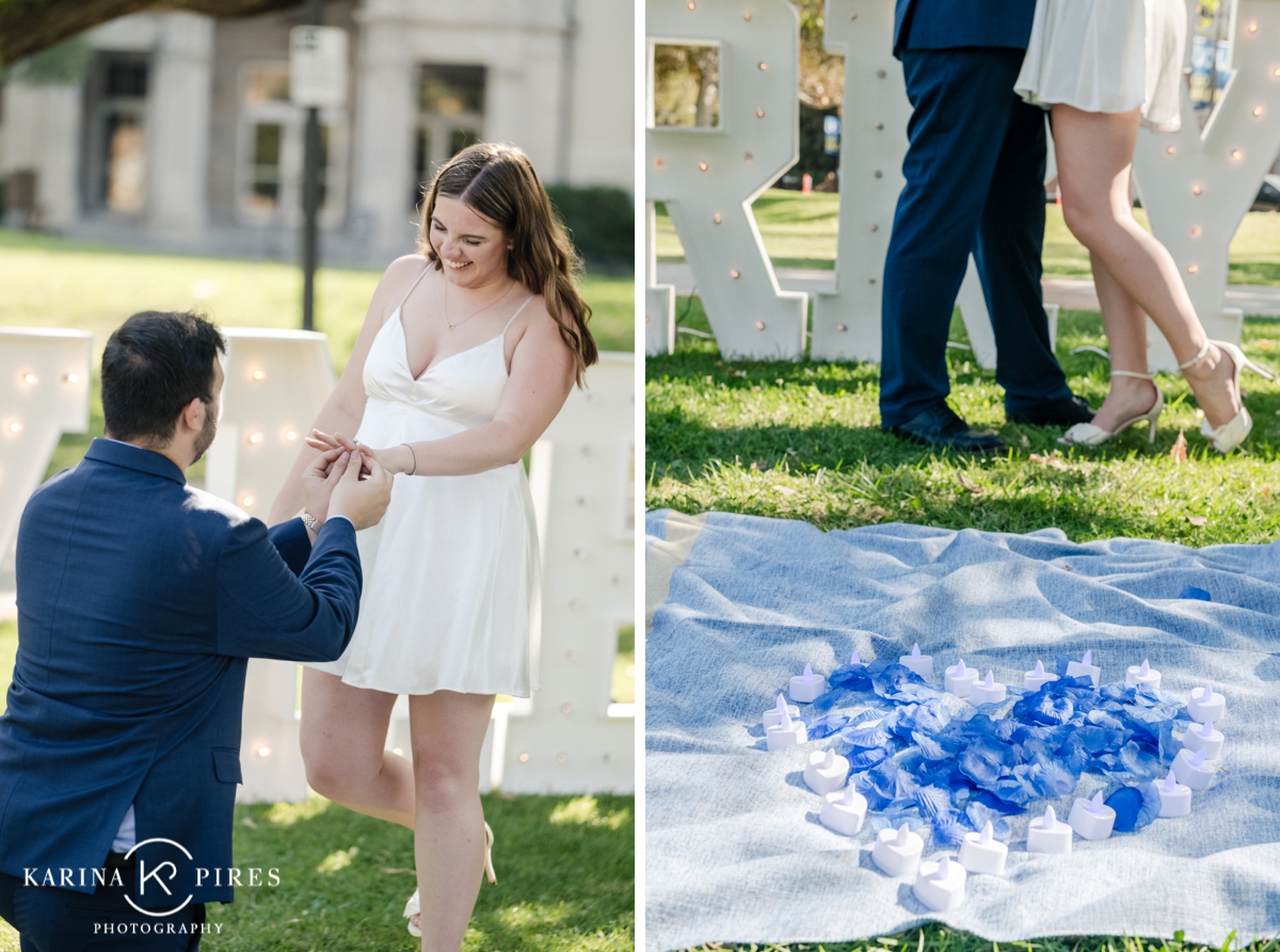 Nick on one knee proposing to Grace in front of a ‘Marry Me’ sign at UCLA during golden hour.