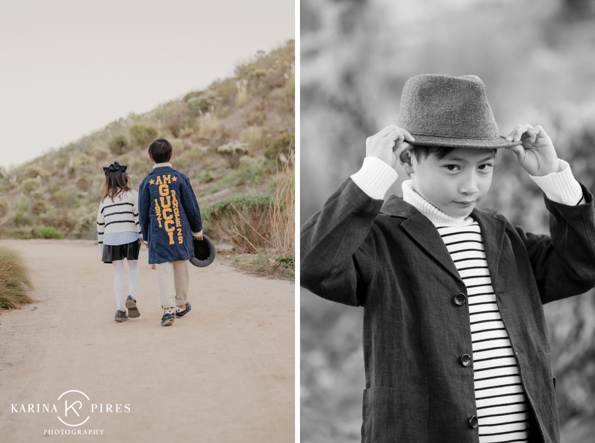 Playful siblings laughing and running outdoors at a family session in Irvine