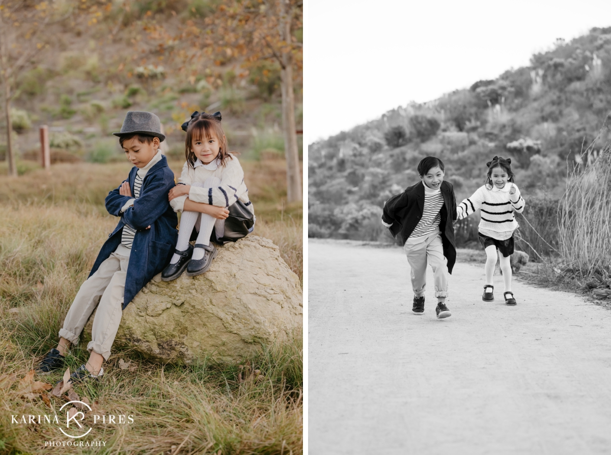 Playful siblings laughing and running outdoors at a family session in Irvine