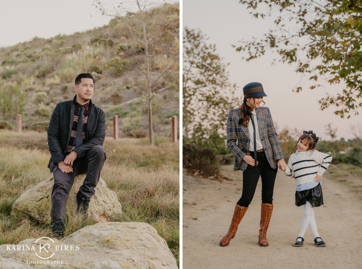 Family posing outdoors in Irvine, California, surrounded by vibrant fall leaves during a playful and candid session.