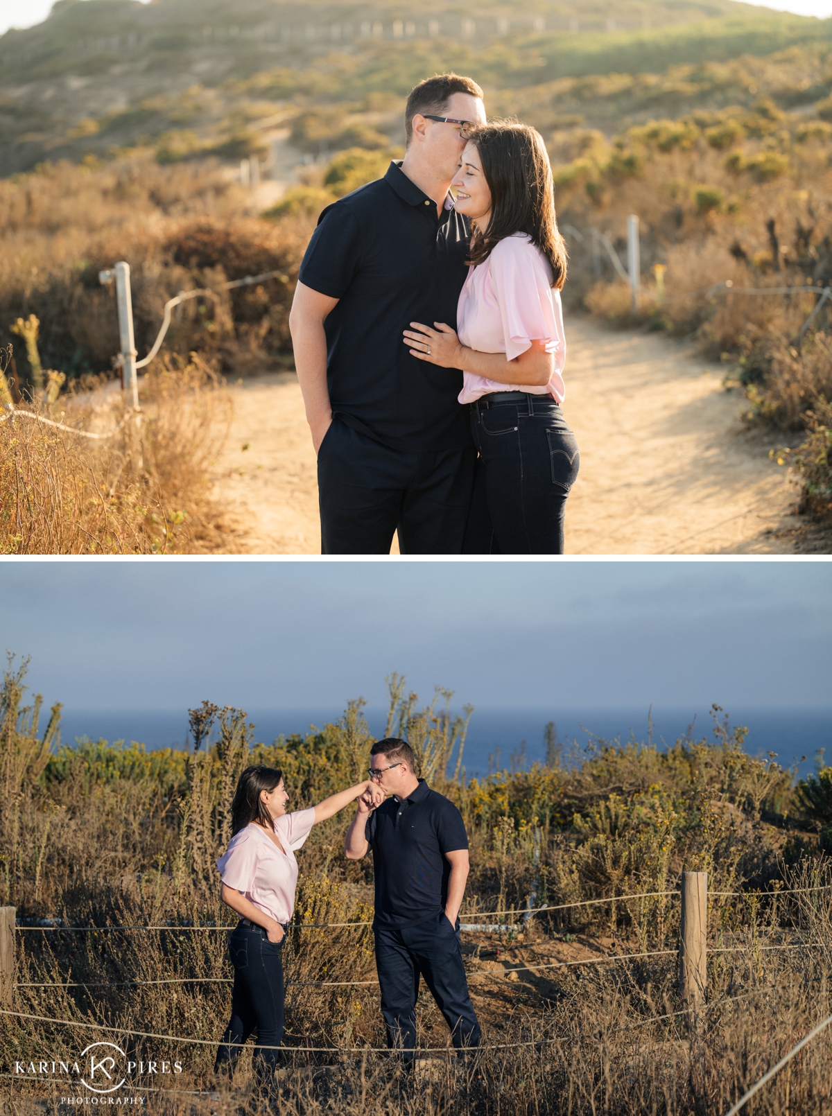 Point Dume Park pictures at golden hour for a newly engaged couple