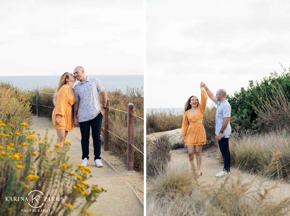 A couple dancing at sunset in Palos Verdes after their proposal