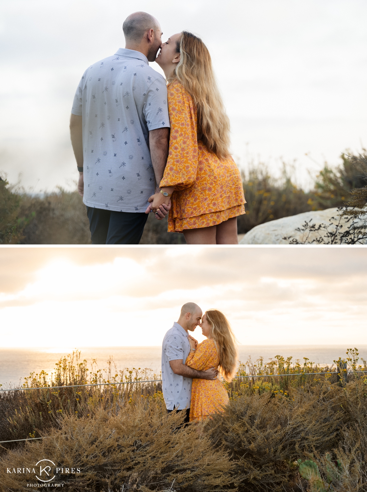 A couple embracing at sunset in Palos Verdes after their proposal