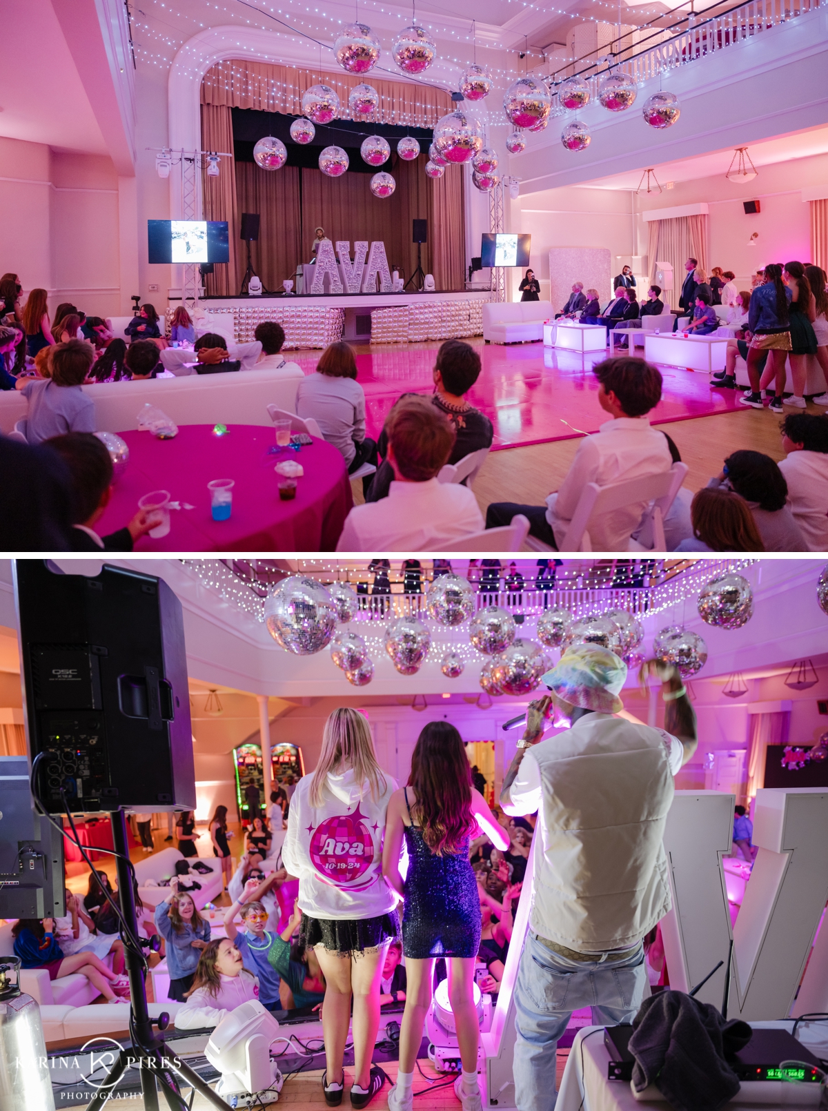 Santa Monica Womens Club transformed into a vibrant nightclub with hot pink lighting and glittering disco balls hanging from the ceiling.