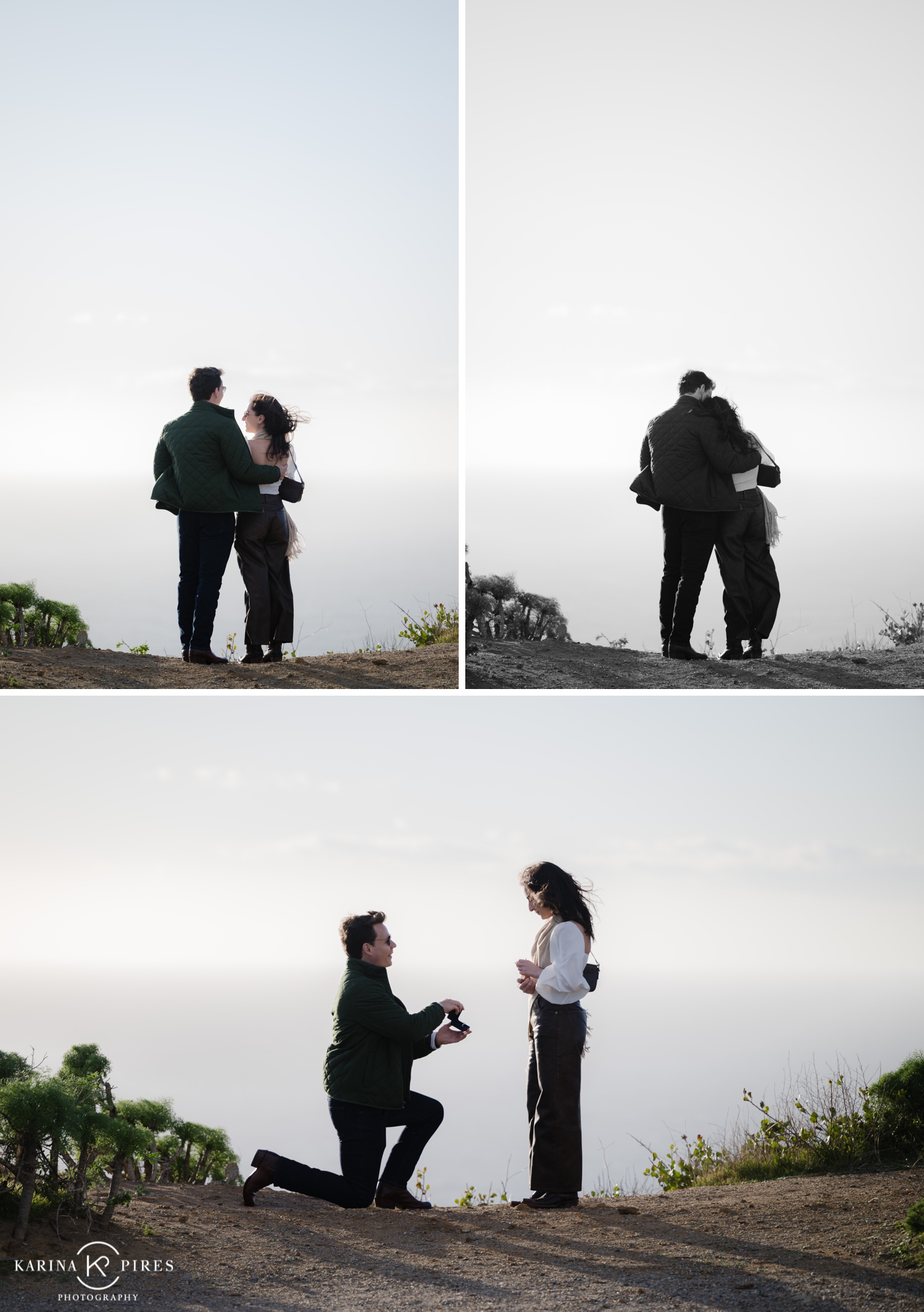 Noah down on one knee proposing to Bejum at the Point Dume overlook with ocean views behind them.