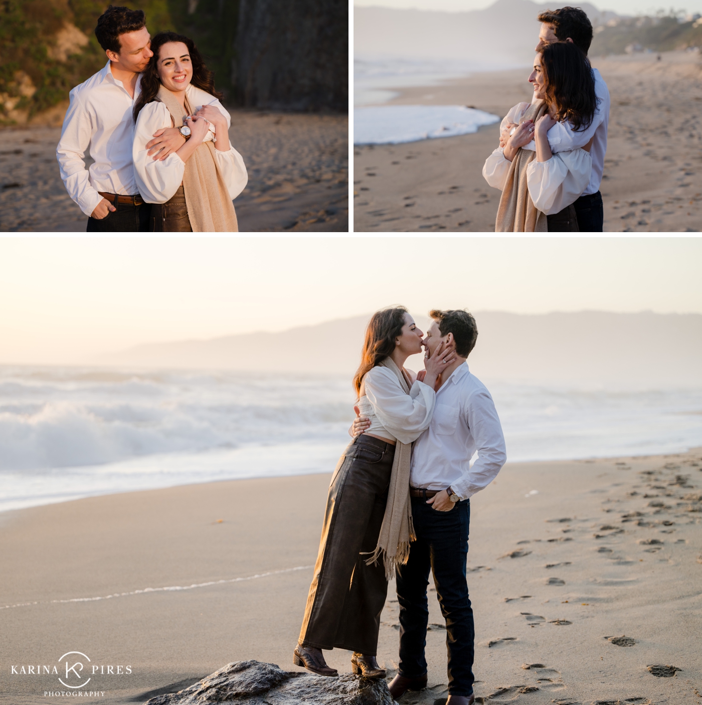 Noah and Bejum walking hand-in-hand along the trail at Point Dume just after getting engaged.