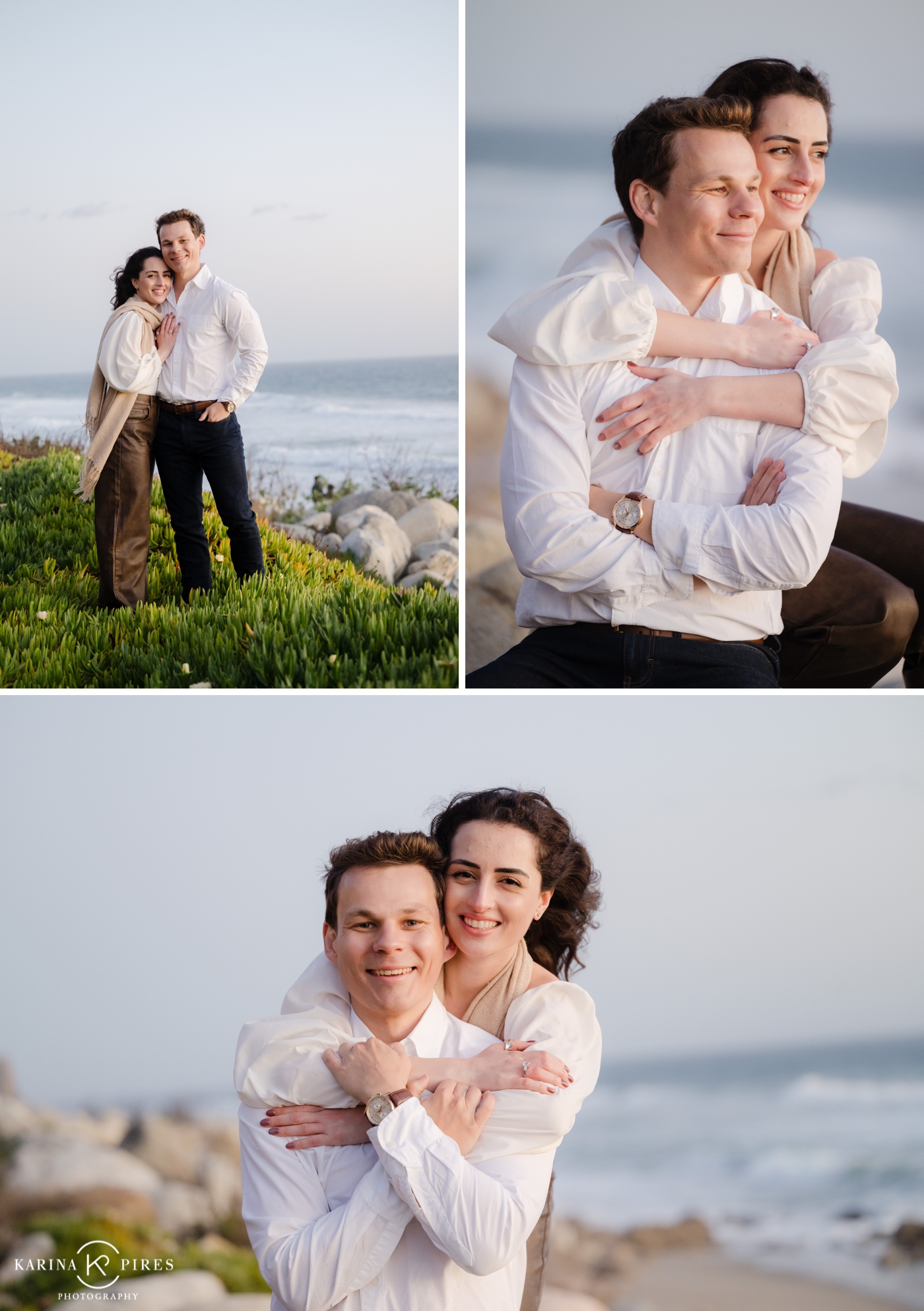 Romantic sunset silhouette of a couple, standing on the sand, ocean waves in the distance on a beach in Malibu.