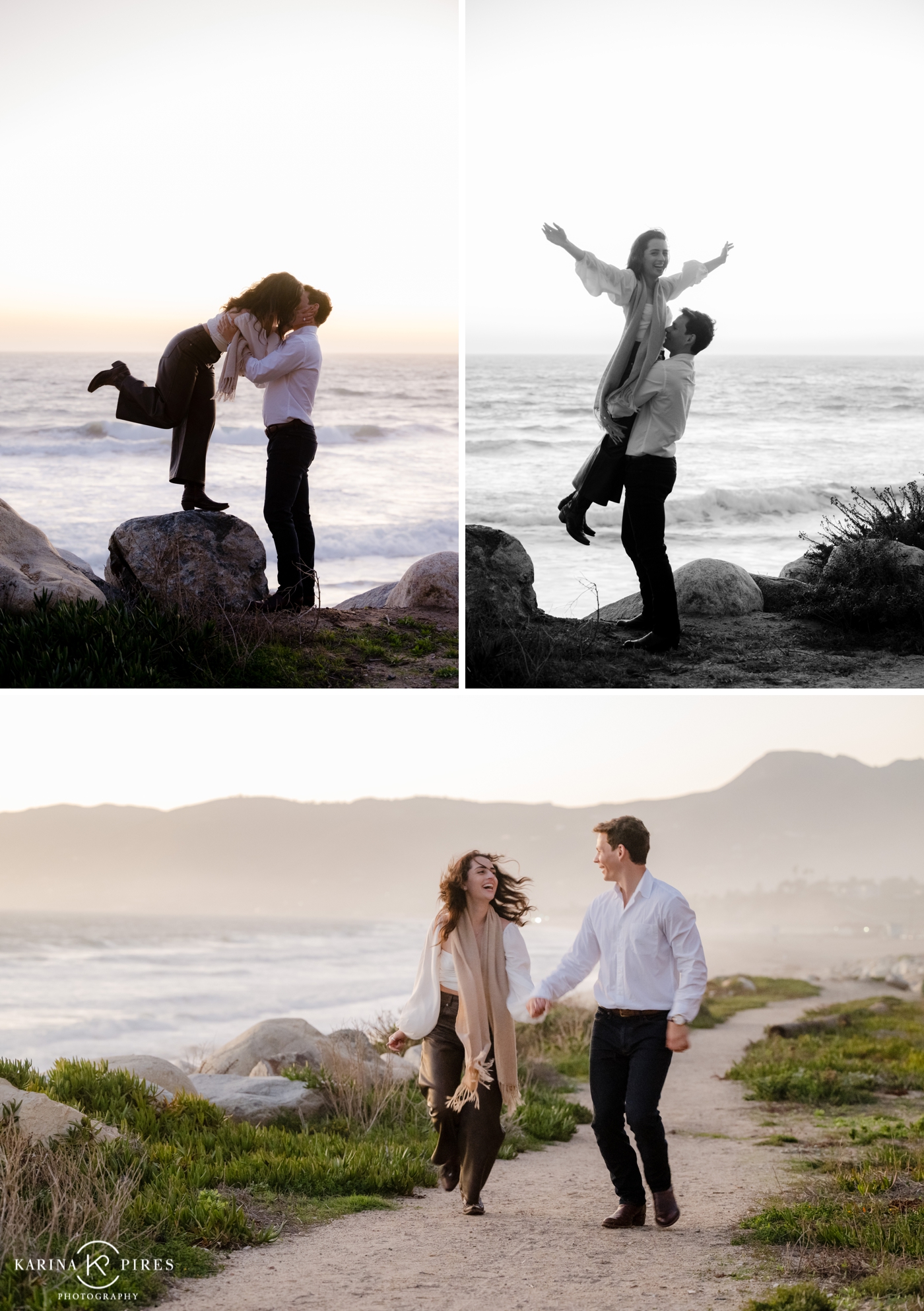 Romantic sunset silhouette of a couple, standing on the sand, ocean waves in the distance on a beach in Malibu.